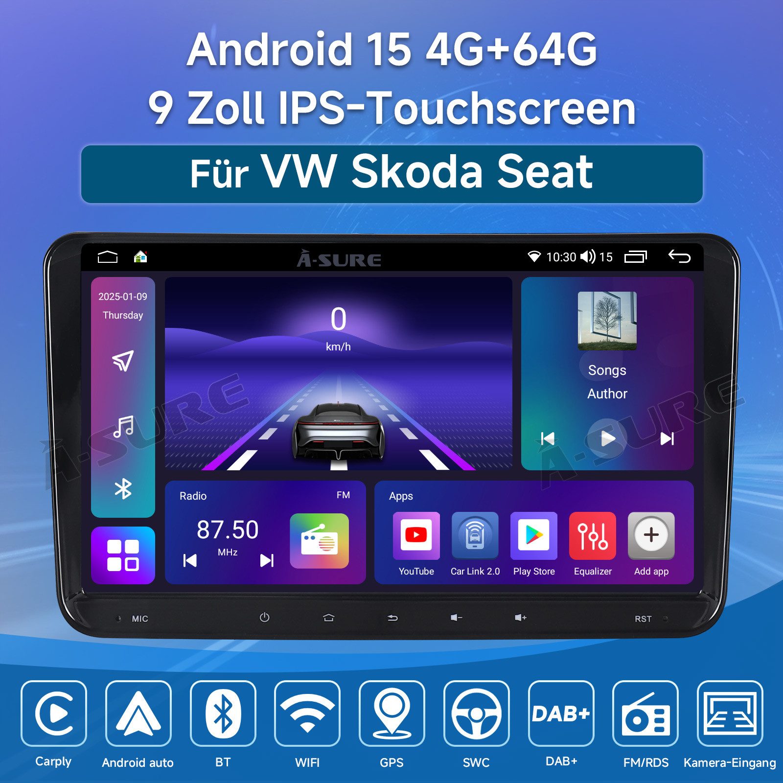A-Sure 8-Core Android 15 Autoradio Carplay BT Für VW Touran Tiguan Caddy Polo Autoradio (RDS, FM, AM, 25 W, 1080P IPS Screen/8-Core CPU) – Bild 2 von 5