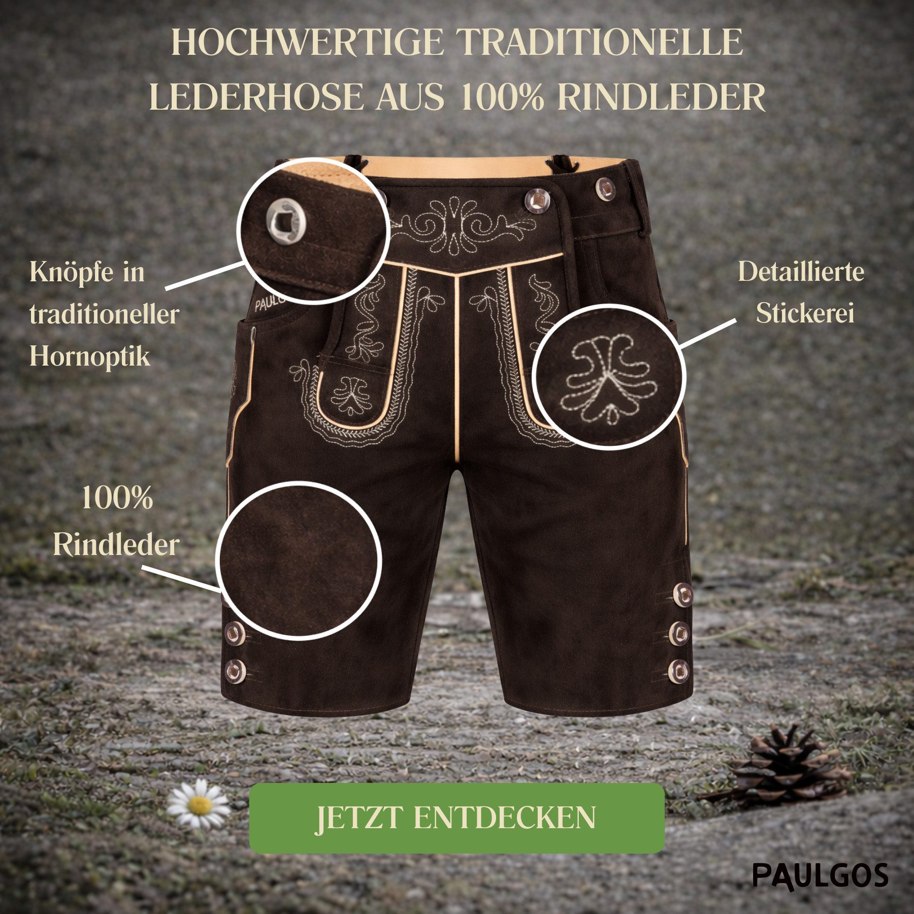 PAULGOS Trachtenhose Herren Lederhose Kurz mit Trägern 100% Echtleder - HK2