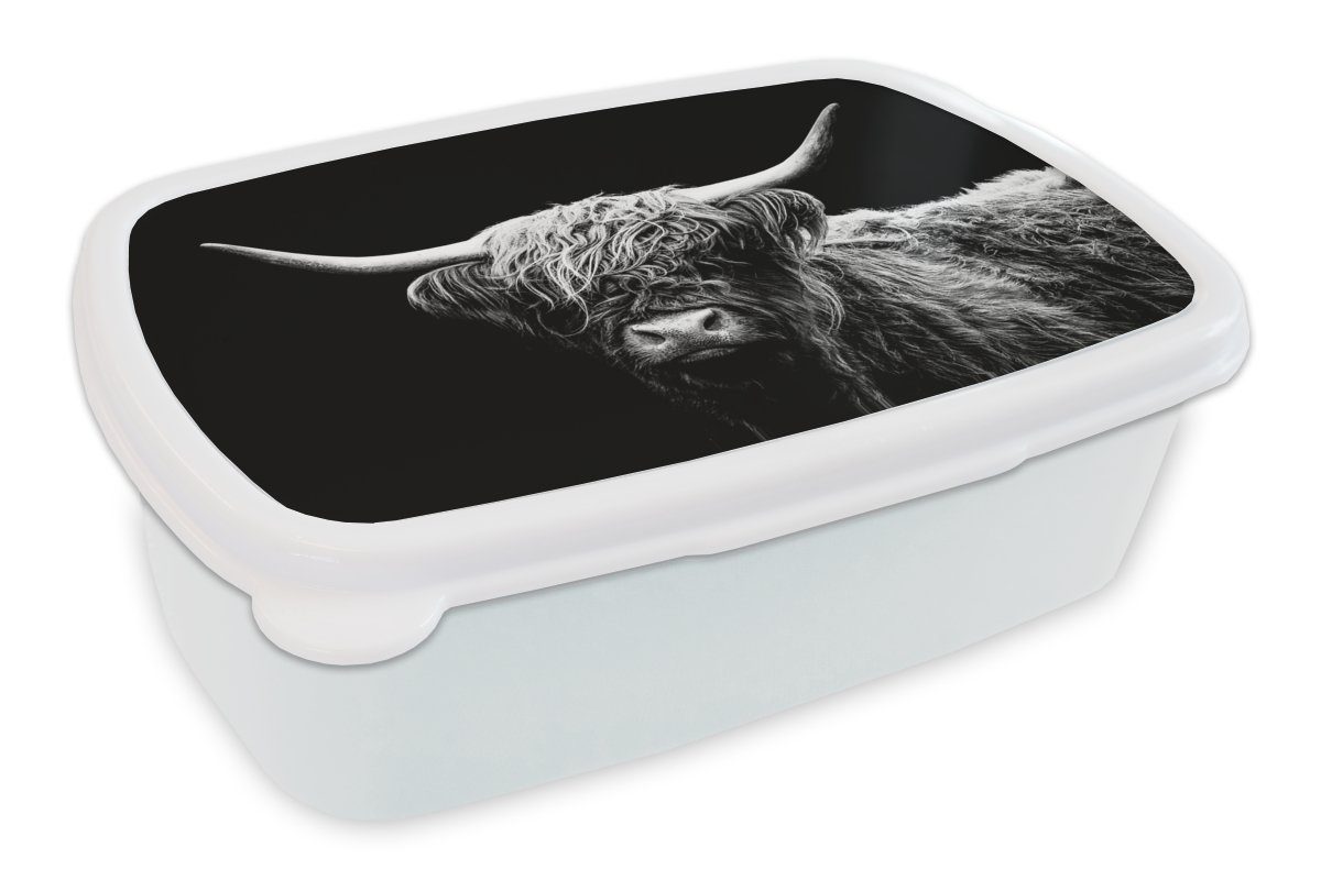 MuchoWow Lunchbox Schottischer Highlander - Kuh - Schwarz - Weiß - Tiere, Kunststoff, (2-tlg), Brotbox für Kinder und Erwachsene, Brotdose, für Jungs und Mädchen