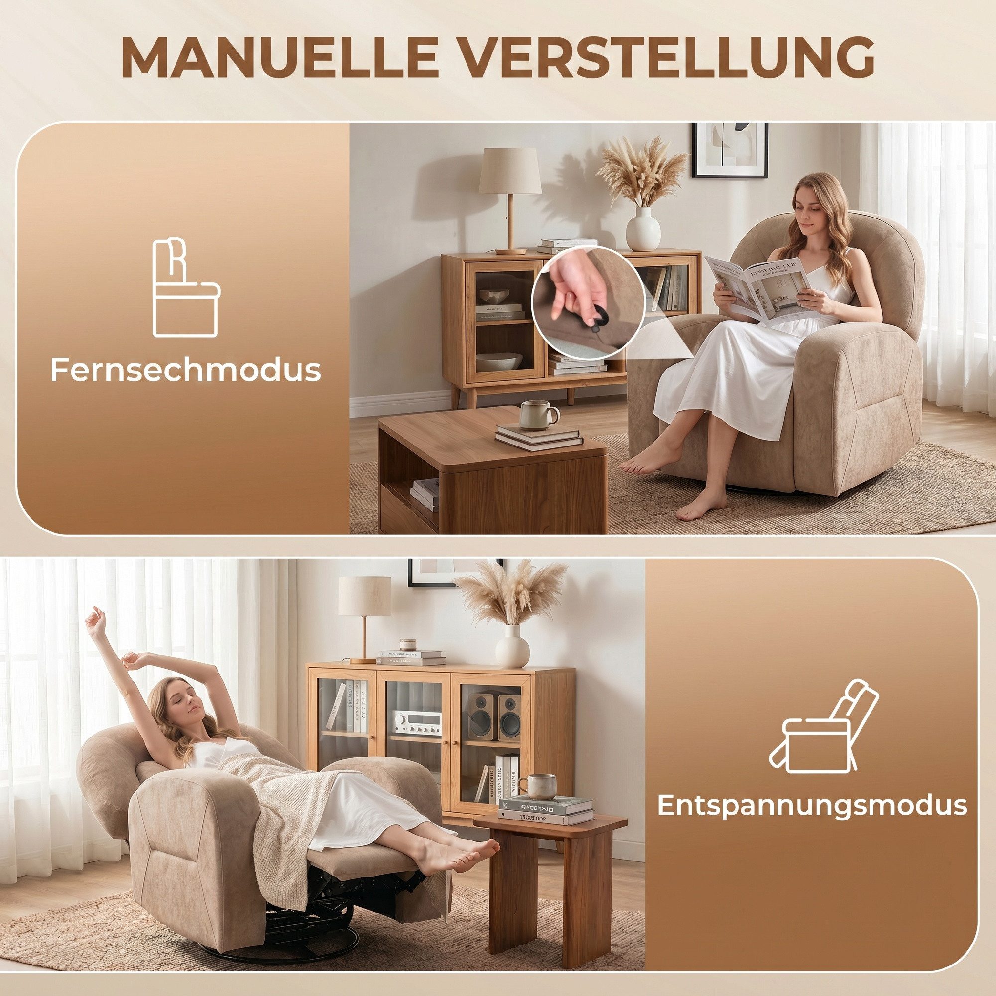 HOMCOM Relaxsessel Ruhesessel Drehbarer mit Breitem Sitz, Wolkenweicher Samt-Optik (Liegesessel, 1-St., TV Sessel), Liegefunktion, Drehfunktion, Schaukelfunktio – Bild 4 von 5