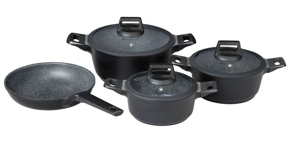 Mulex Topf-Set MALAGA, aus hochwertigem Aluguss, Aluminiumguss (Set, 7-tlg., Kochtopfset inkl. Bratpfanne), hitzebeständige Bakelitgriffe, inkl. Softtouch-Silikon Glasdeckel
