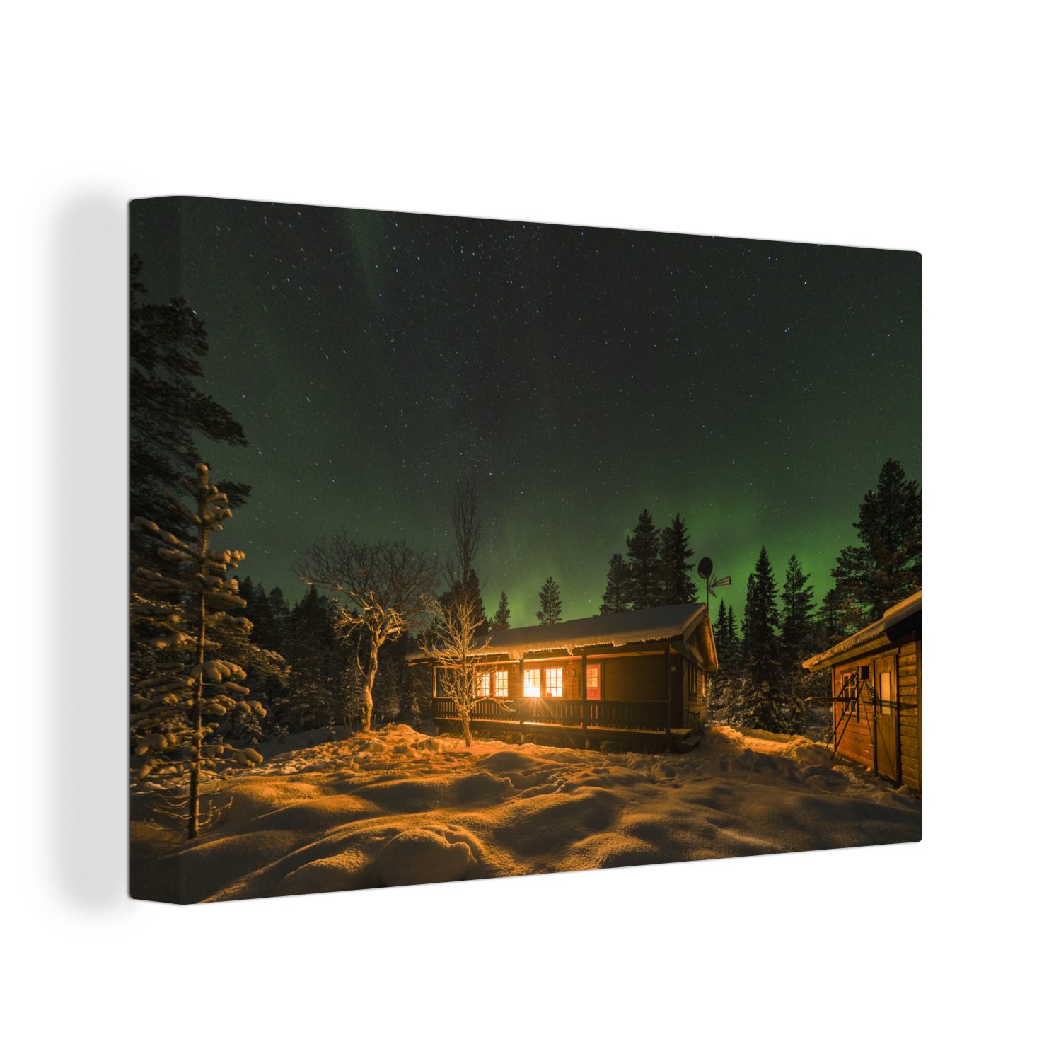 OneMillionCanvasses® Leinwandbild Nordlicht in einer Blockhütte in Schweden, (1 St), Wandbild Leinwandbilder, Aufhängefertig, Wanddeko, 30x20 cm