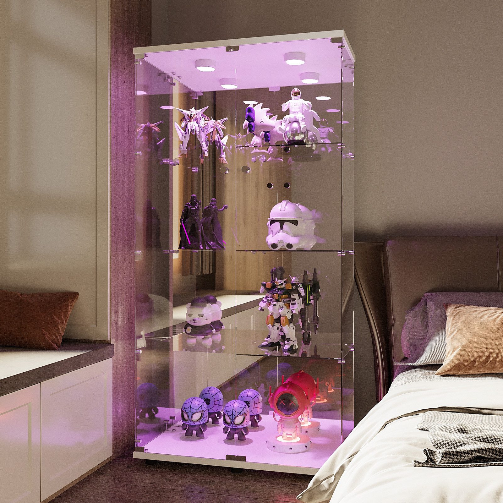 FUROKOY Glasvitrine Standvitrine, Modern Glas Vitrinenschrank (4 Lagen Glasvitrine mit 2 Glastür, Sammlervitrine, für Sammlerstücke Bücher Wein, mit Licht, weiß)