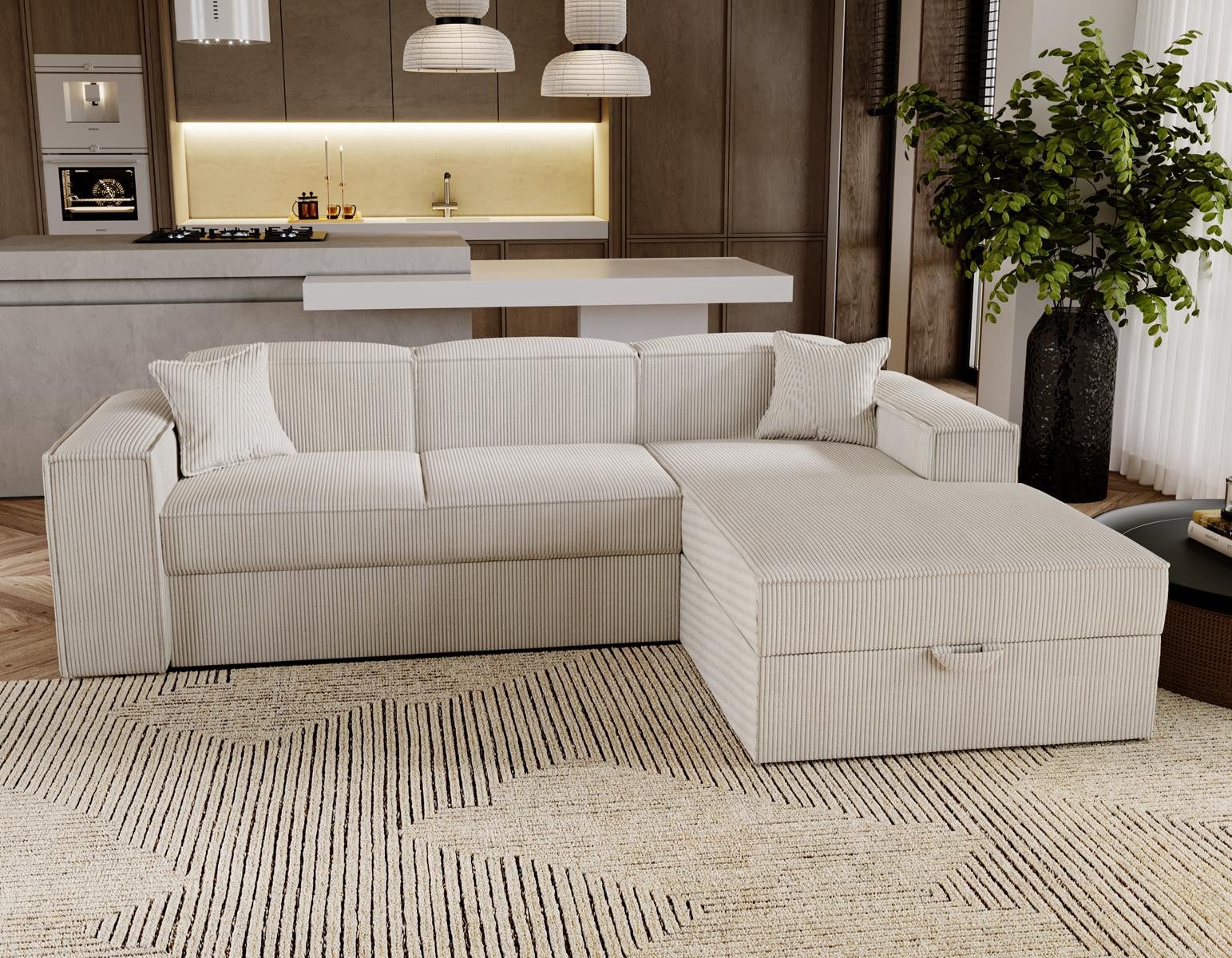 Compleo Ecksofa L-form, Modern design, Cordstoff oder Velvet SANTO, Mit Bettkasten und Schlaffunktion