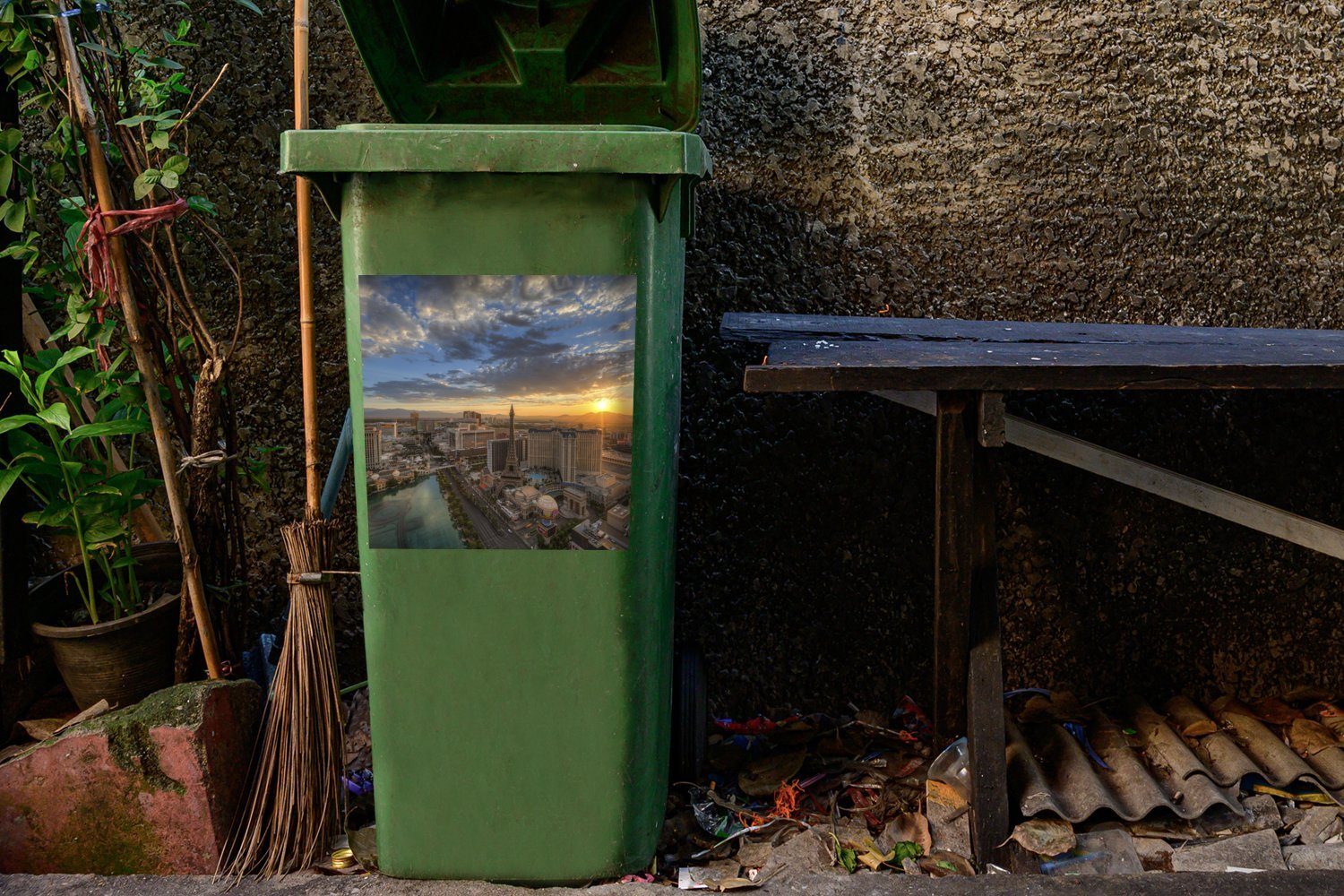 - St), Mülleimer-aufkleber, Sonnenaufgang (1 Wandsticker Stadt MuchoWow Abfalbehälter Mülltonne, Container, Vegas Sticker, Las -