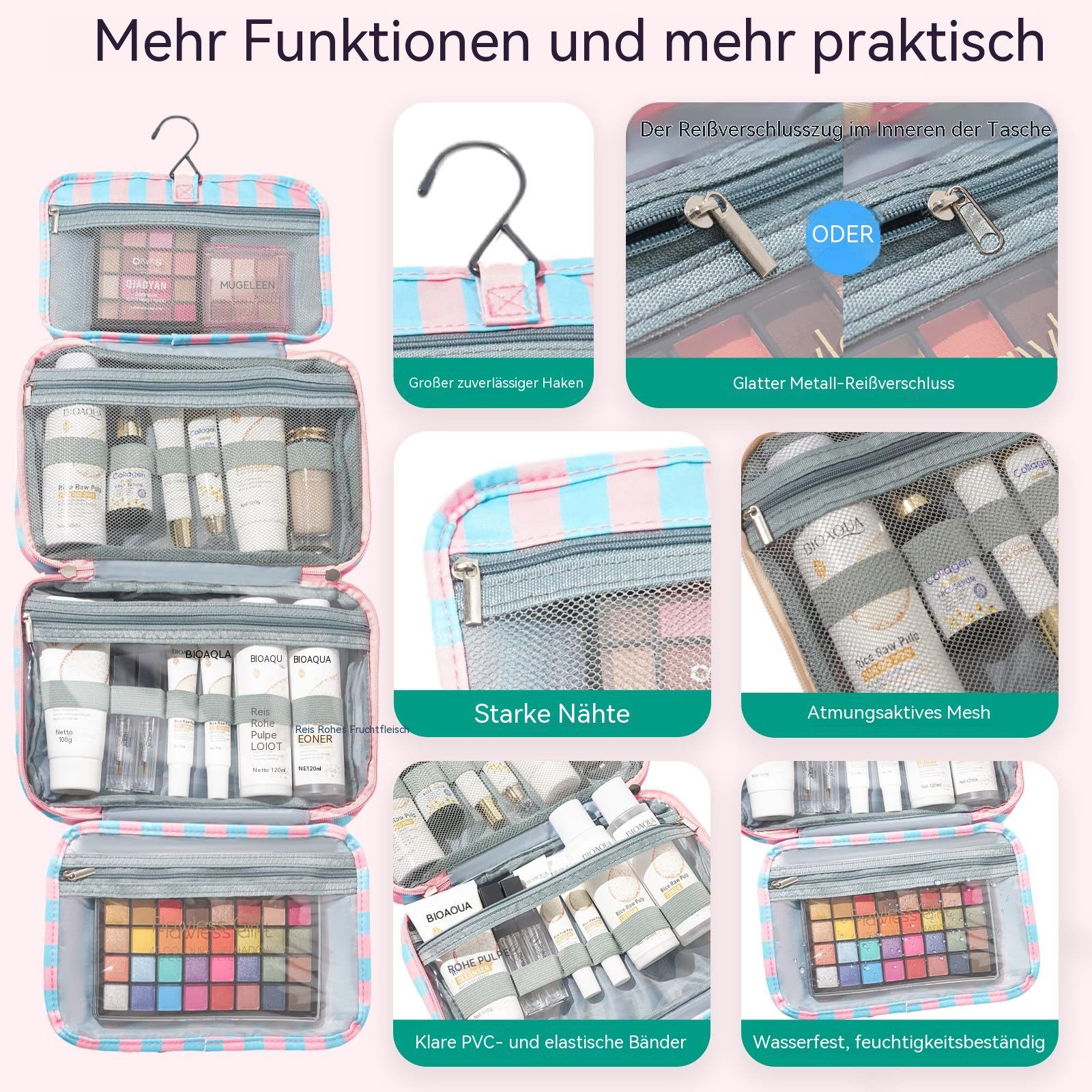 Zyronn Kulturbeutel Reise Kulturtasche Damen, Wasserabweisende Kulturbeutel mit Nassfach, Stilvolle, gestreifte Kosmetiktasche mit Haken – Bild 3 von 5