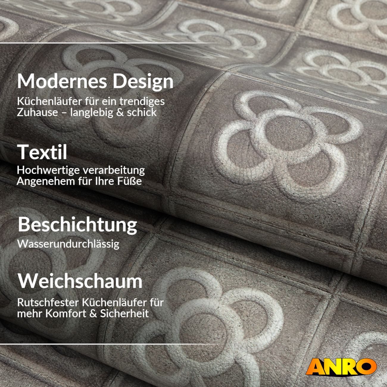 ANRO Küchenläufer abwaschbar Barcelona LADY Läufer pflegeleicht Küchenteppich, Rechteckig, Höhe: 3 mm, robust schmutzabweisend 67x100cm Vintage Grau robust