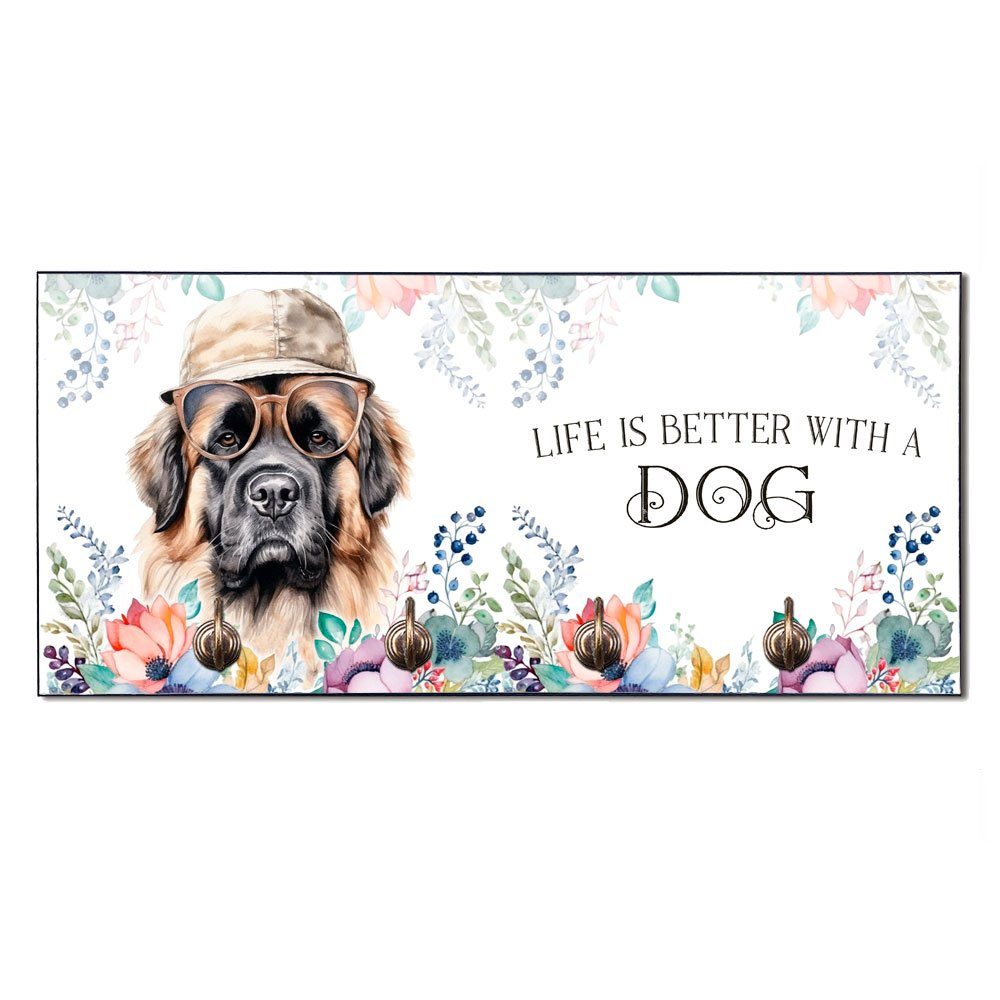 Cadouri Wandgarderobe LEONBERGER Hundegarderobe - Wandboard für Hundezubehör (Garderobe mit 4 Haken), MDF, mit abgeschrägten Ecken, handgefertigt, für Hundebesitzer