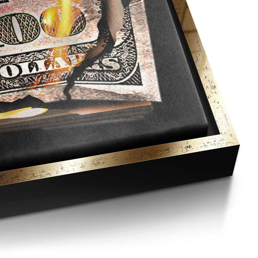 Burning - Moneymaker Premium Leinwandbild, Wandbild- ohne DOTCOMCANVAS® Bill Rahmen 100 Dolllar