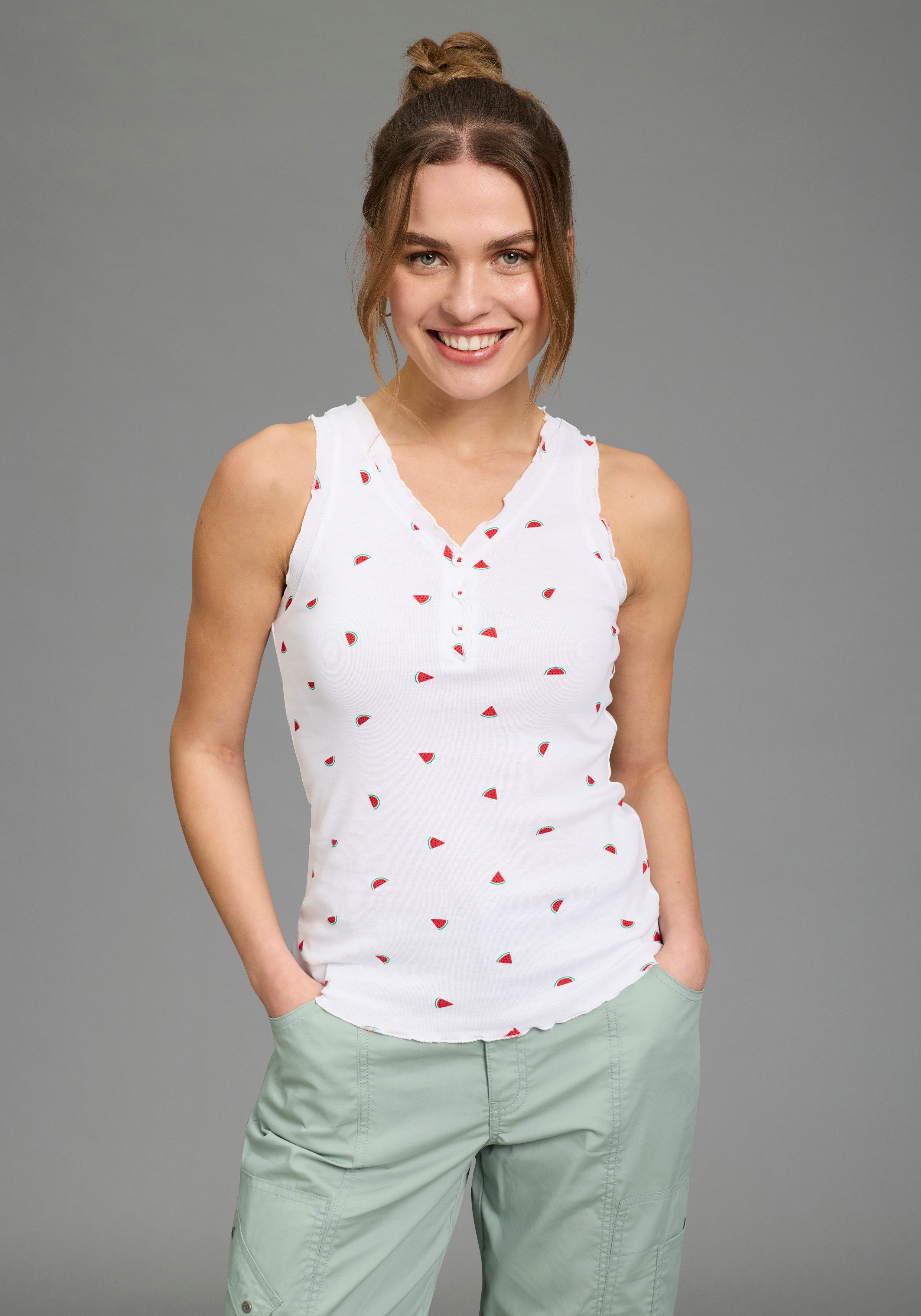 KangaROOS Shirttop mit Melonendruck, V-Ausschnitt und Knopfleiste, ärmellos, figurbetont