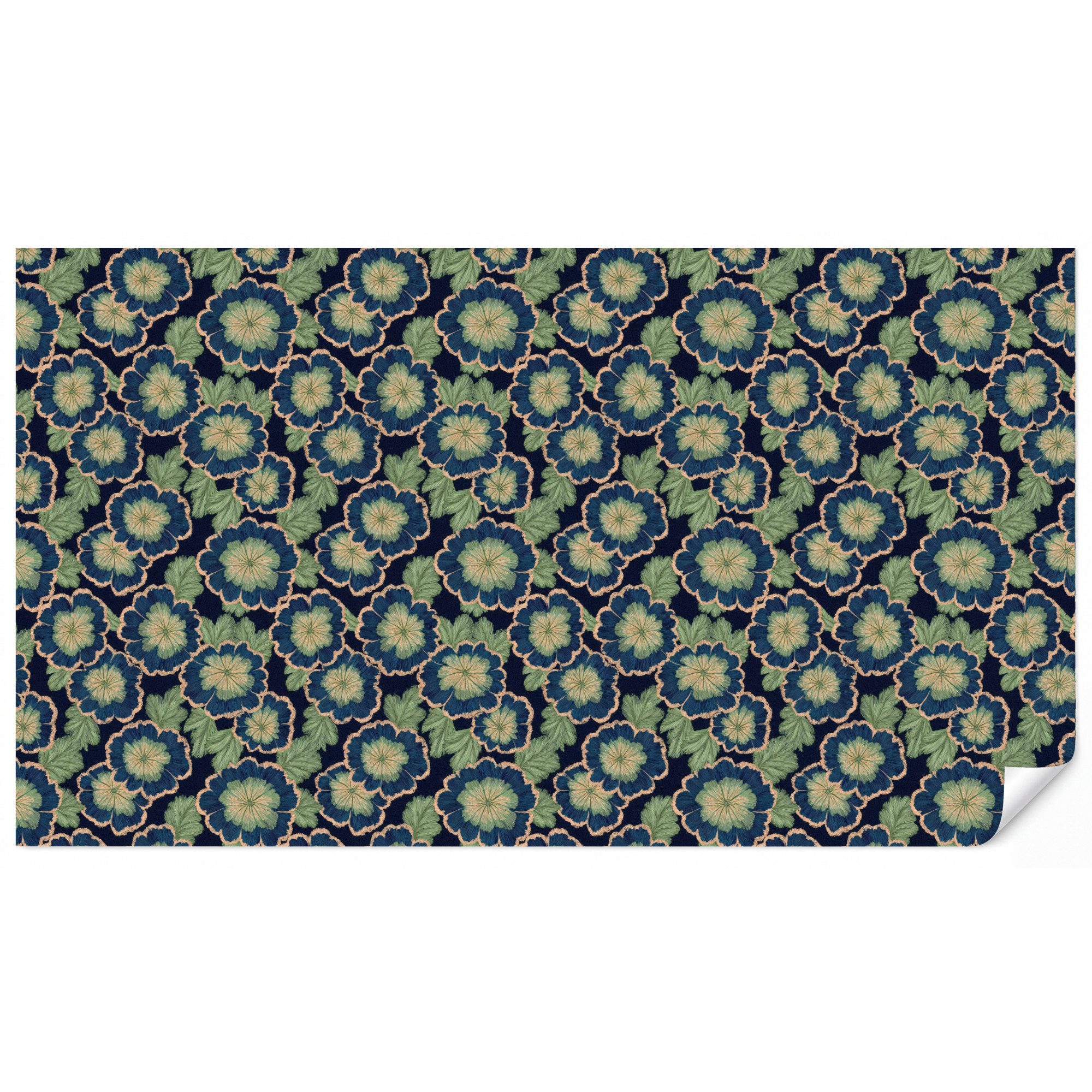 OnlyWow Fototapete Blumen - Stickerei - Muster - Blau - Grün, bedruckt