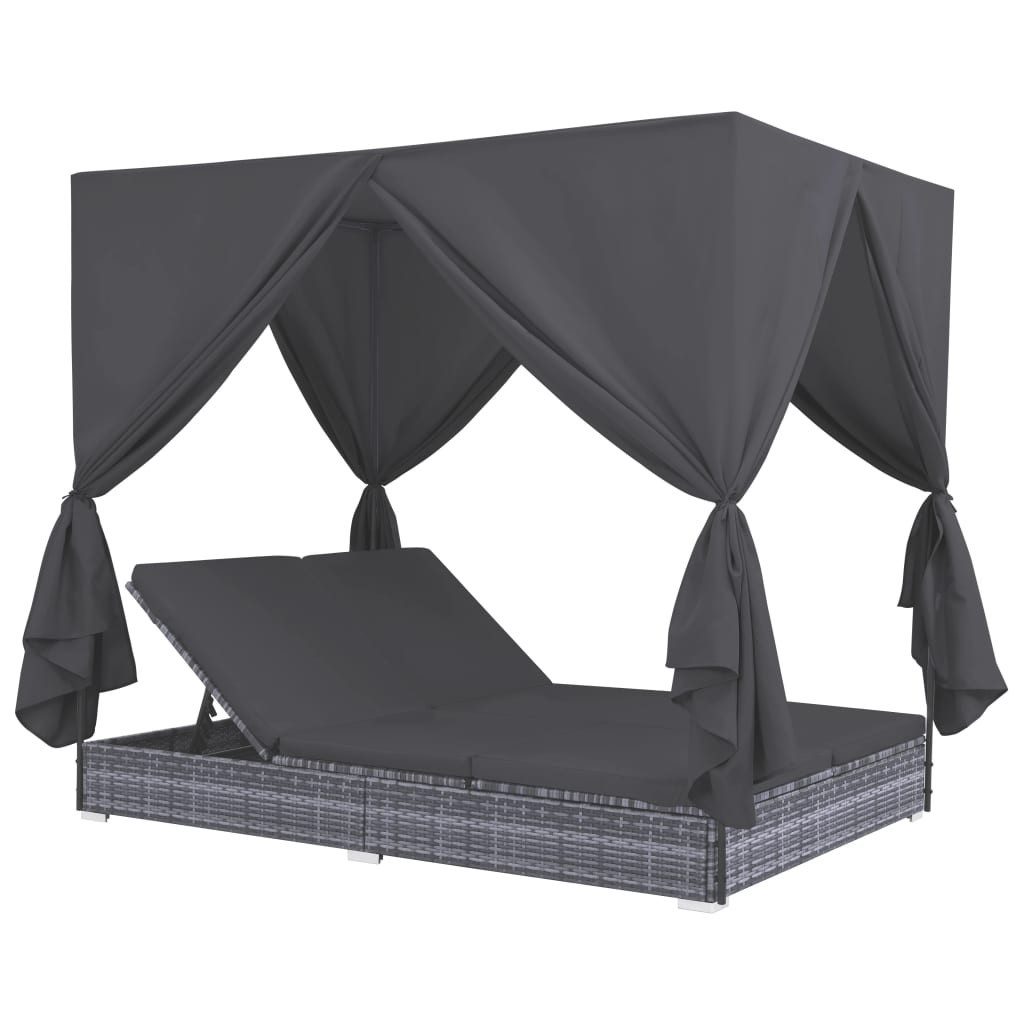 vidaXL Gartenliege NA Outdoor-Lounge-Bett mit Vorhängen Polyrattan Grau Gartenliege Sonne