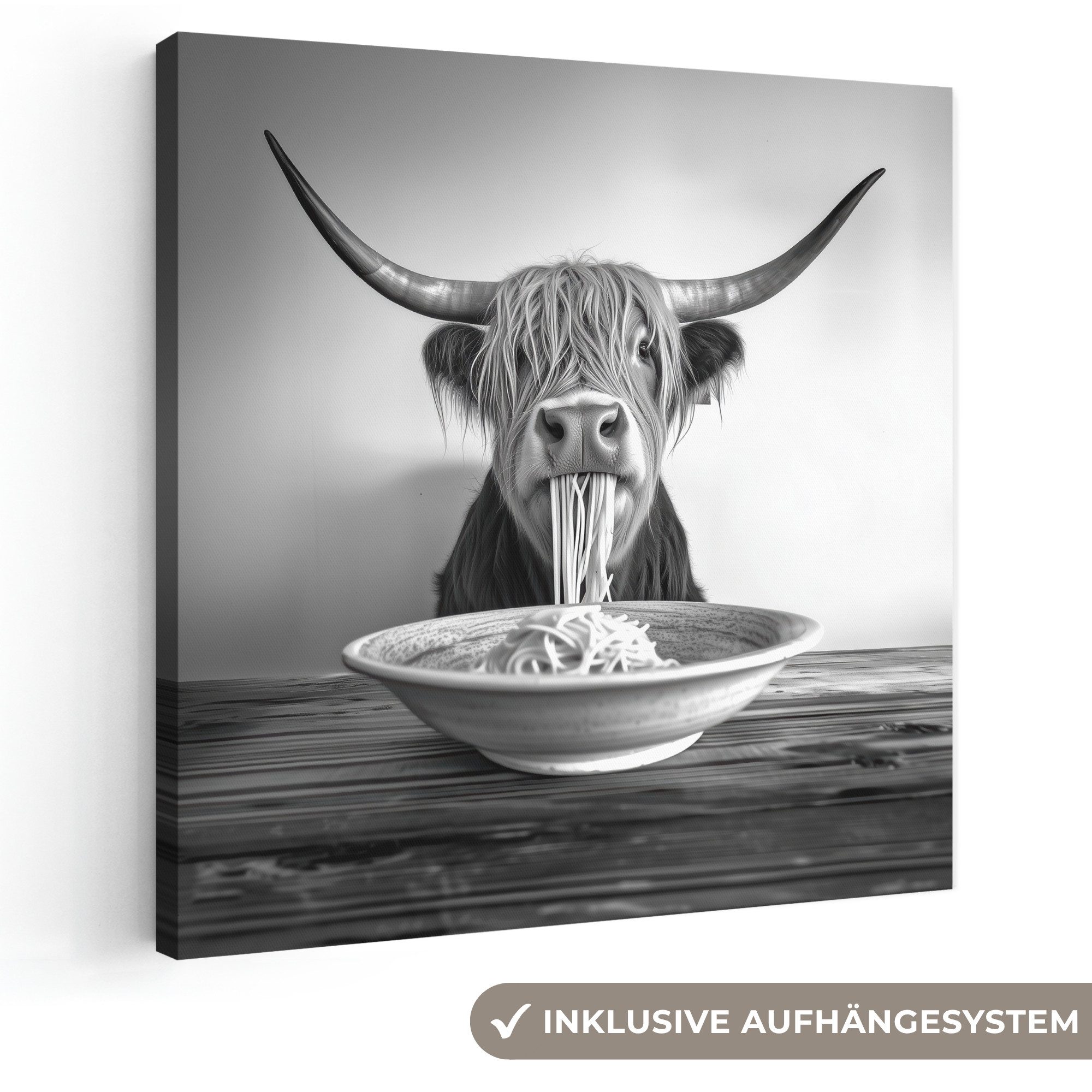 OneMillionCanvasses® Leinwandbild Schottischer Highlander - Spaghetti - Tiere - Schwarz und weiß, Fotodruck (1 St), Wandbild, Deko Schlafzimmer Wohnzimmer Flur 20x20 cm