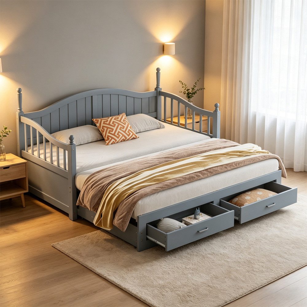 MODFU Schlafsofa Multifunktionales Zwei-in-Eins-Tagesbett, Ausziehbares Schlafsofa aus Massivholz 90x190cm bis 180x190cm – Mit eleganter römischer Säule, geschwungener Rückenlehne, Stauraum-Schubladen, stabiler Lattenrost, ohne Matratze