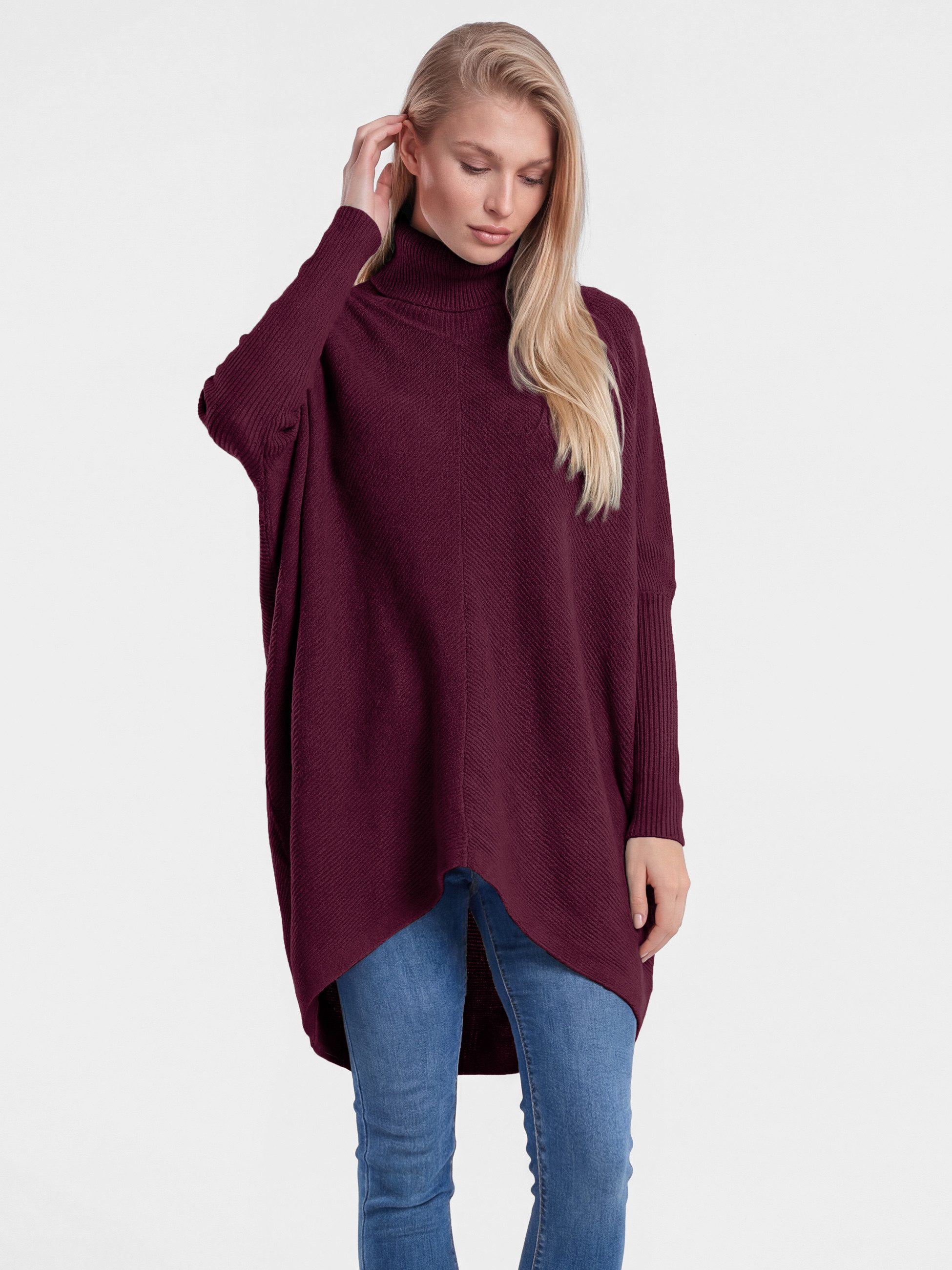 PEKIVESSA Longpullover Oversized langer Rollkragenpullover Damen Fledermausärmel (Einzelartikel, 1-tlg) hinten länger