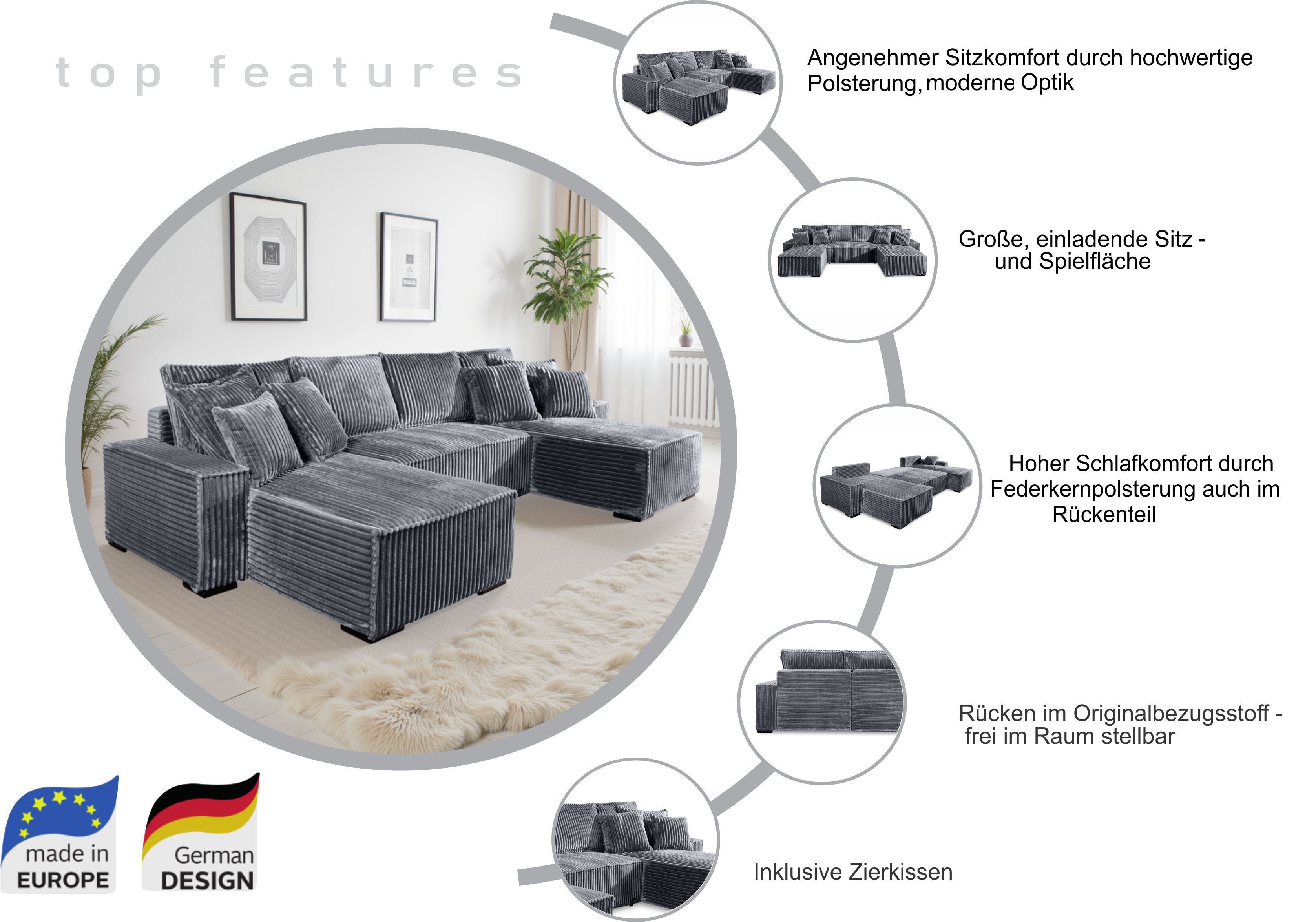 COLLECTION AB Wohnlandschaft Manhattan U-Form, B: 313 cm, in Breit- oder Normalcord, Schlaffunktion, Bettkasten & Zierkissen, Federkern