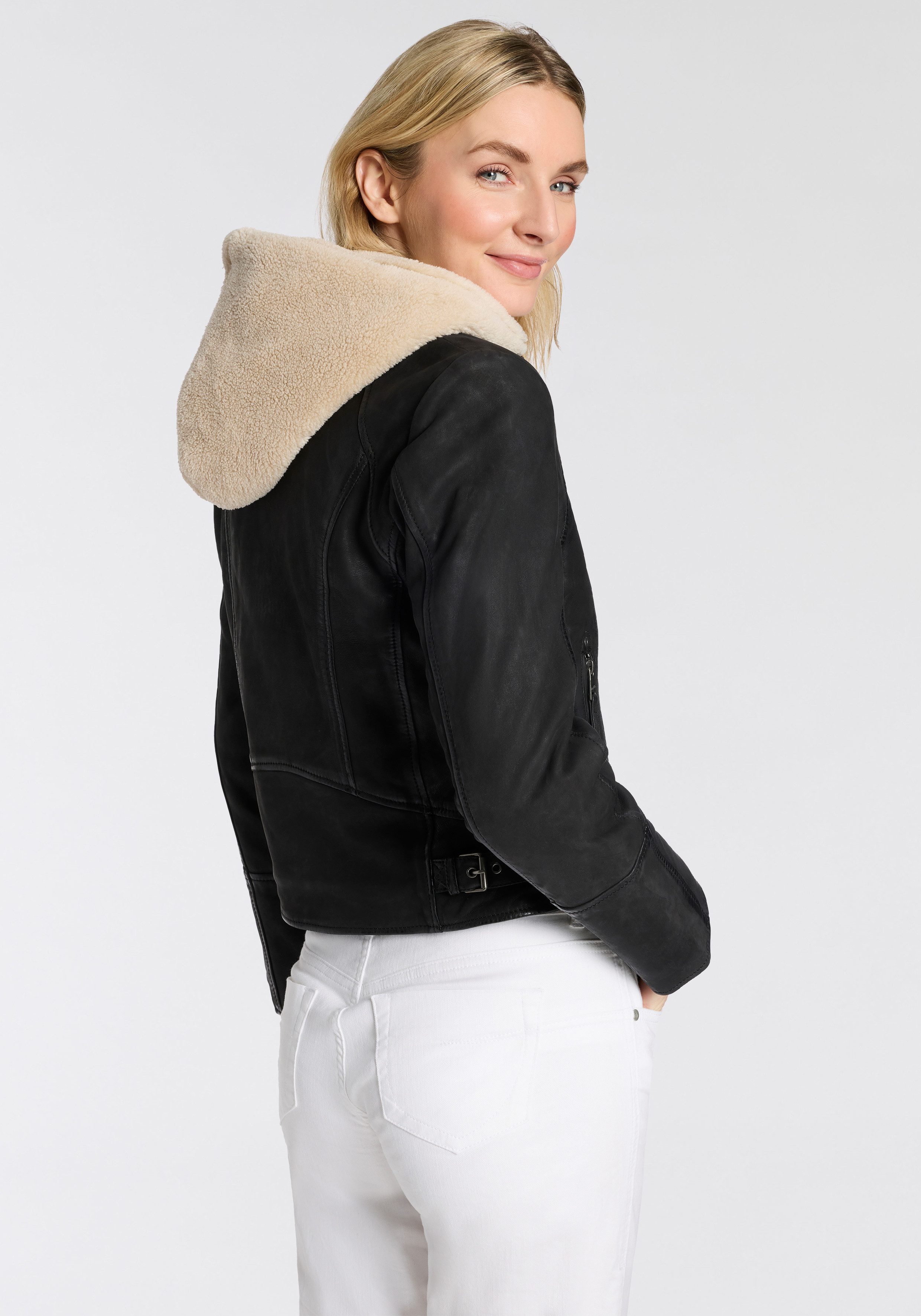 Mauritius Lederjacke MWNedra mit abknöpfbarer Teddyplüsch-Kapuze günstig online kaufen