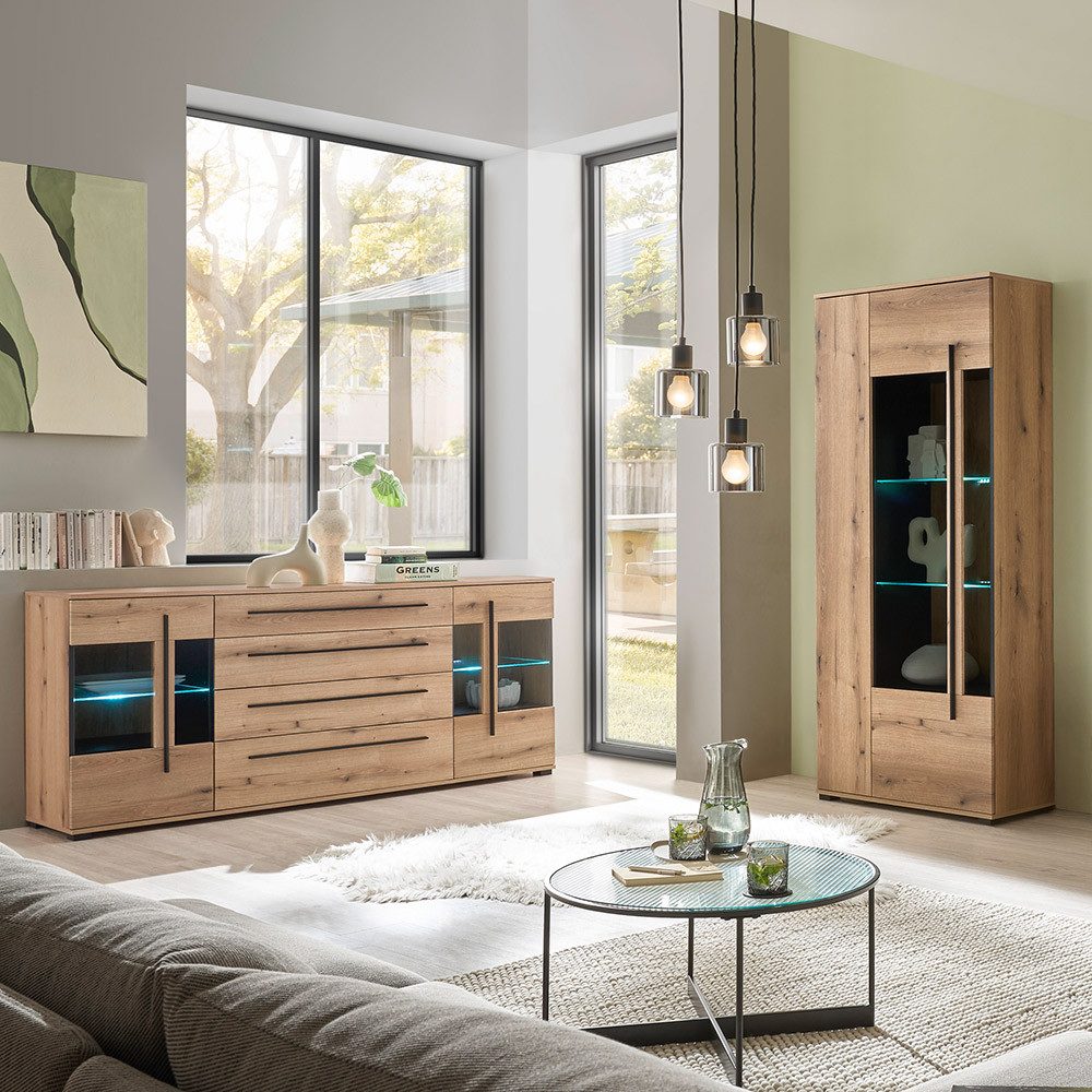 Lomadox Wohnzimmer-Set COLORADO-61, (Mega-Spar-Set, 2-St., Vitrine Sideboard), in Eiche mit LED Glasbodenbeleuchtung und Softclose Schubladen