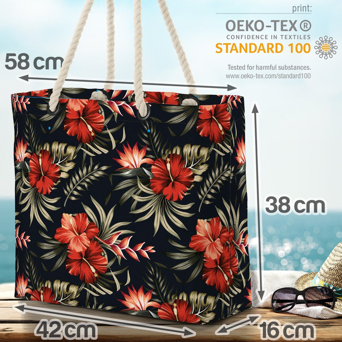 VOID Strandtasche (1-tlg), Rote Beach Hibiskus Bag Reise Ur-Wald Blumen-Muster Tropenblüten Hawaii Vintage
