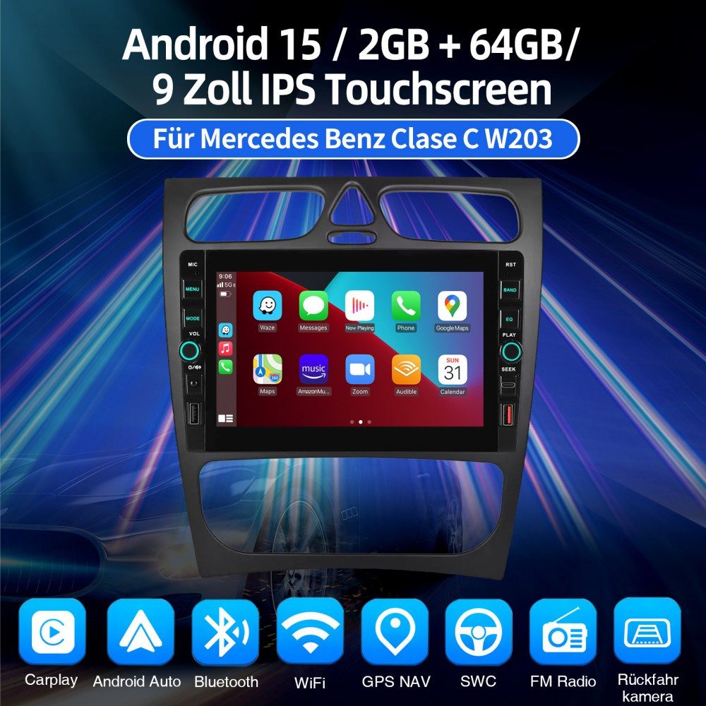 ESSGOO Für Mercedes Benz C-Klasse W203 2002-2004 Android 15 USB Autoradio (RDS, Digitalradio (DAB), FM, AM)