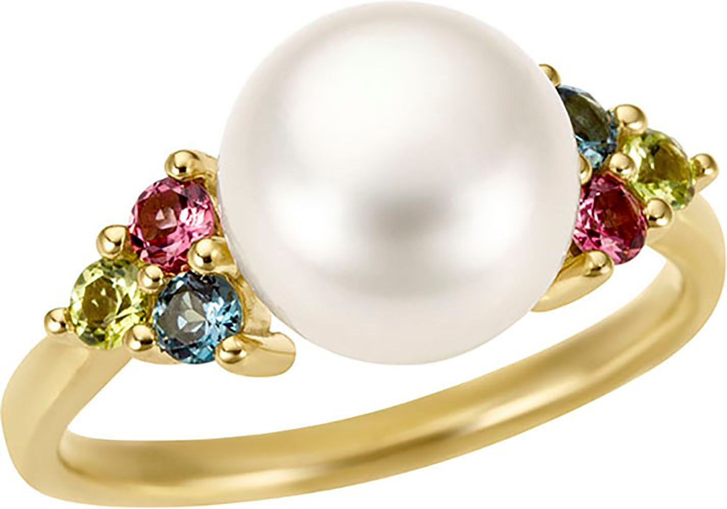 Firetti Perlenring Schmuck Geschenk Gold 333 Damenring Goldring Fingerring Edelstein, mit London Blue Topas, Peridot, Rhodolith - mit Süßwasserzuchtperle