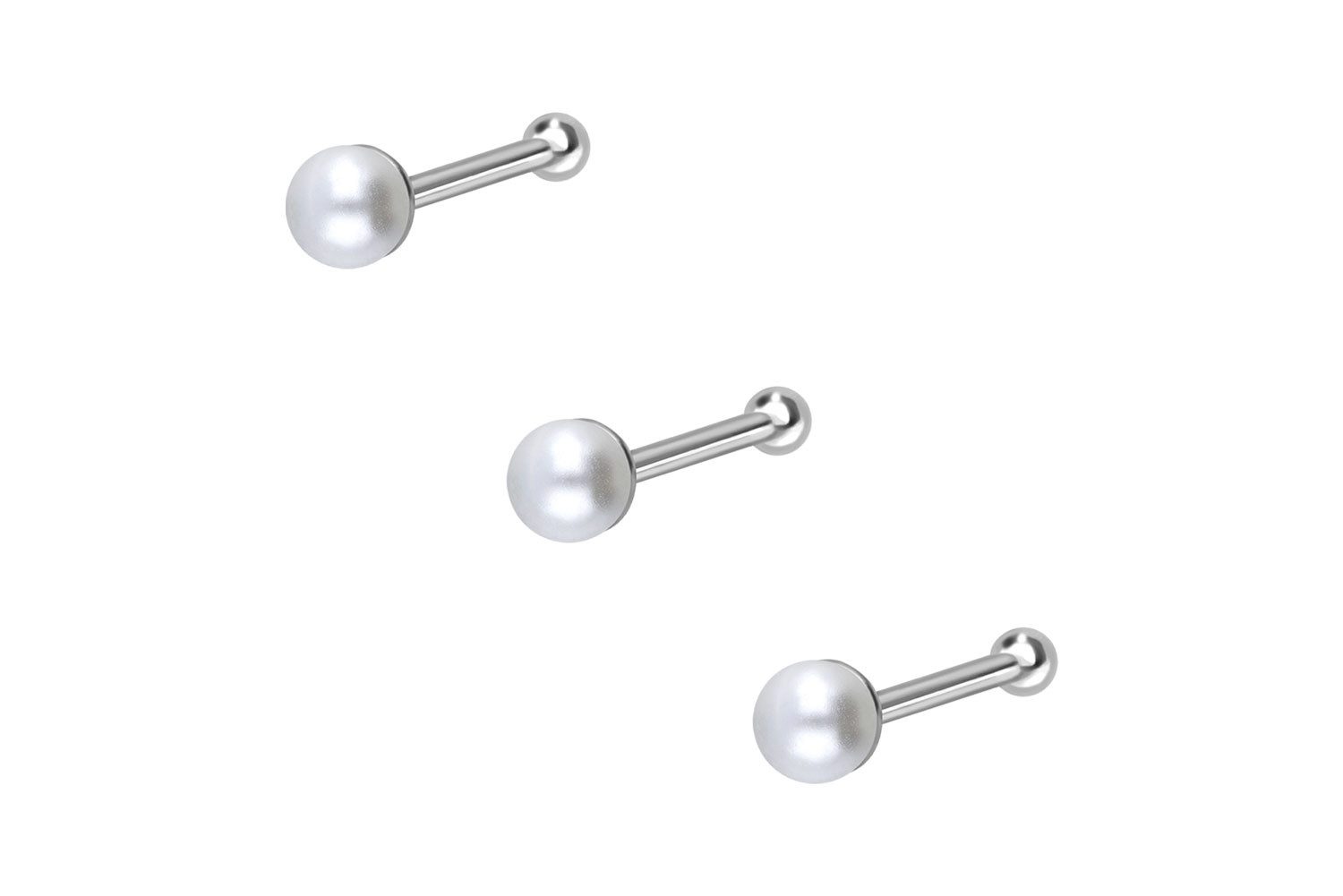 PIERCINGLINE Nasenpiercing SET 925er Silber Nasenstecker Pin SYNTHETISCHE PERLE (Nasenstecker, 3er SET)
