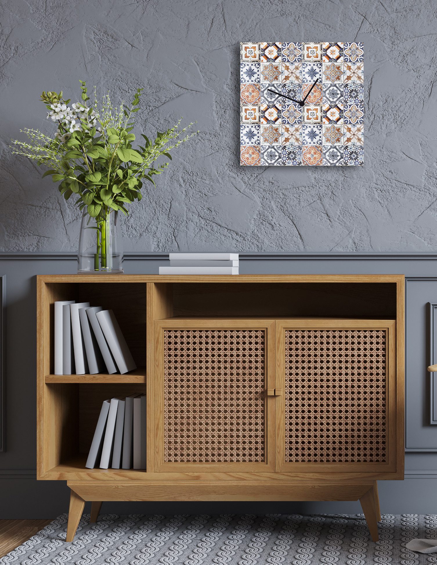 queence Wanduhr Kacheln, Fliesenoptik (Uhr, geräuschlos, Mosaik, Kachel, blau, beige, weiß)