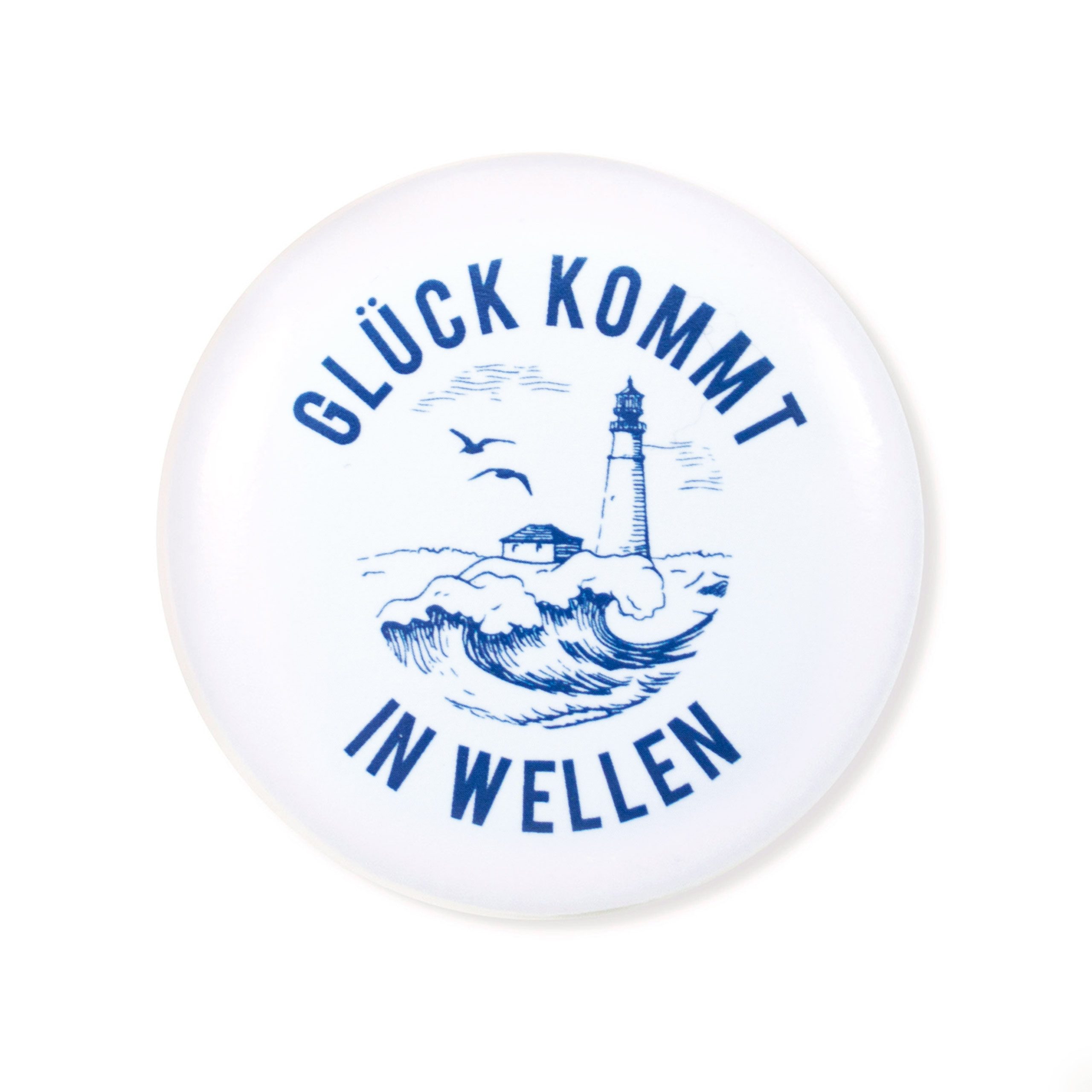 Bow & Hummingbird Magnet Kühlschrankmagnet „Glück kommt in Wellen“ - Magnet mit Spruch (Blau Weiß, Ø 5,6 cm), Starker Magnet für Küche & Büro