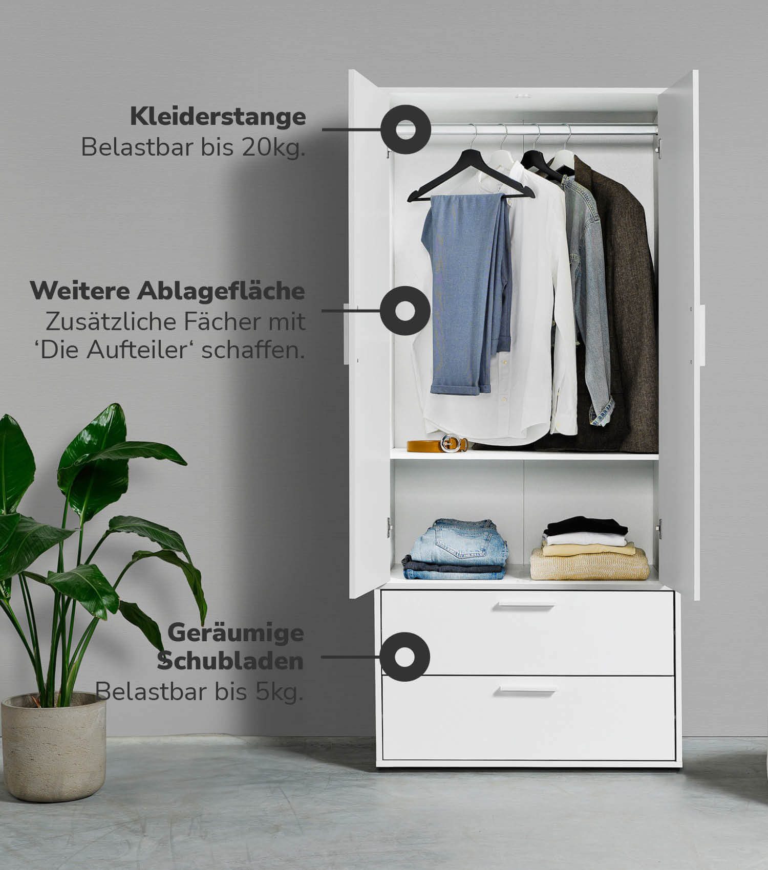 mokebo Kleiderschrank Der Kleiderheld 2 türig und mit zwei durchlaufenden S günstig online kaufen