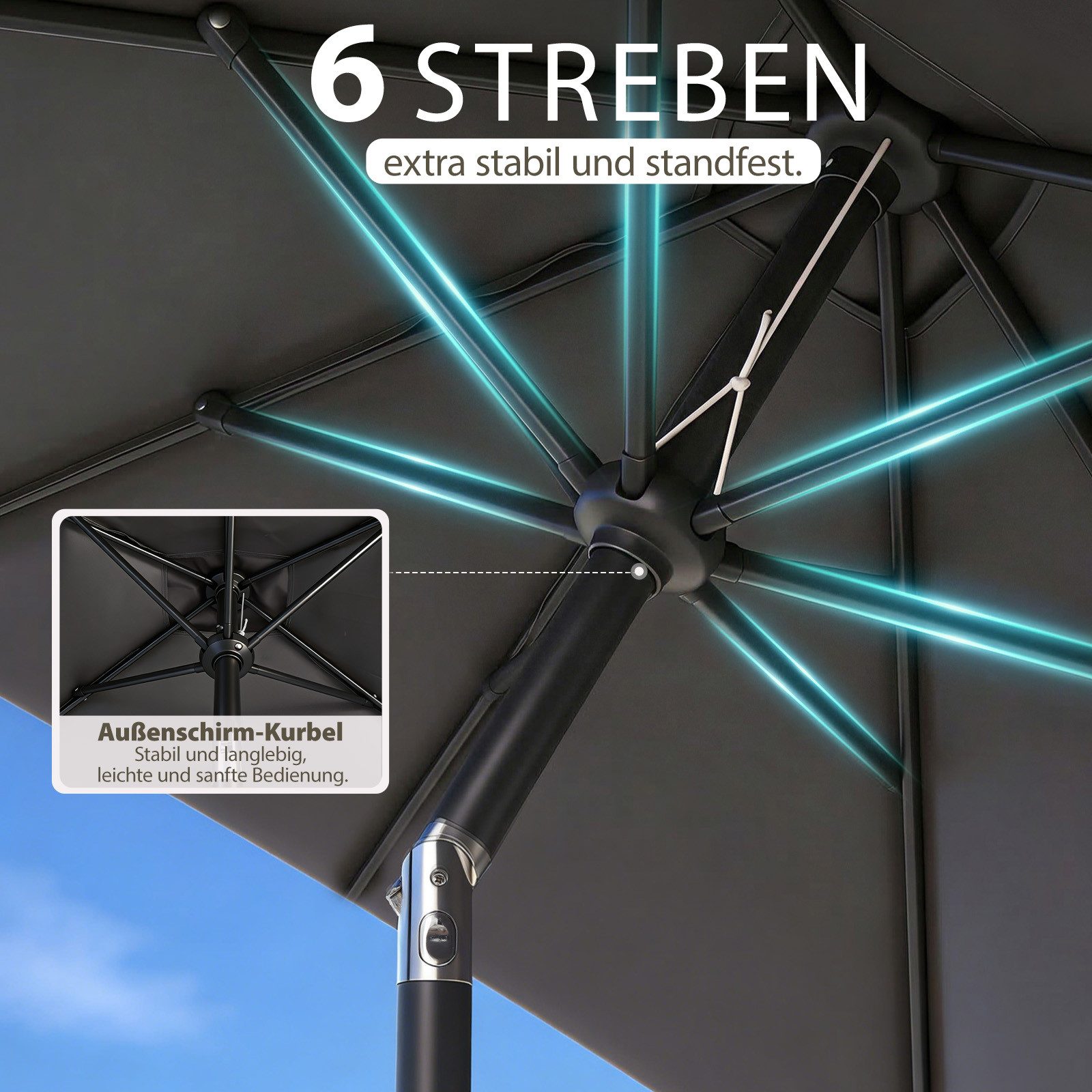 Sekey Sonnenschirm Rechteckig mit Kurbel Gartenschirm Groß Marktschirm UV Schutz, LxB: 210,00x140 cm, Sonnenschirm 210 x 140, 30° Knickbar, UV 50+, für Garten,  – Bild 5 von 5