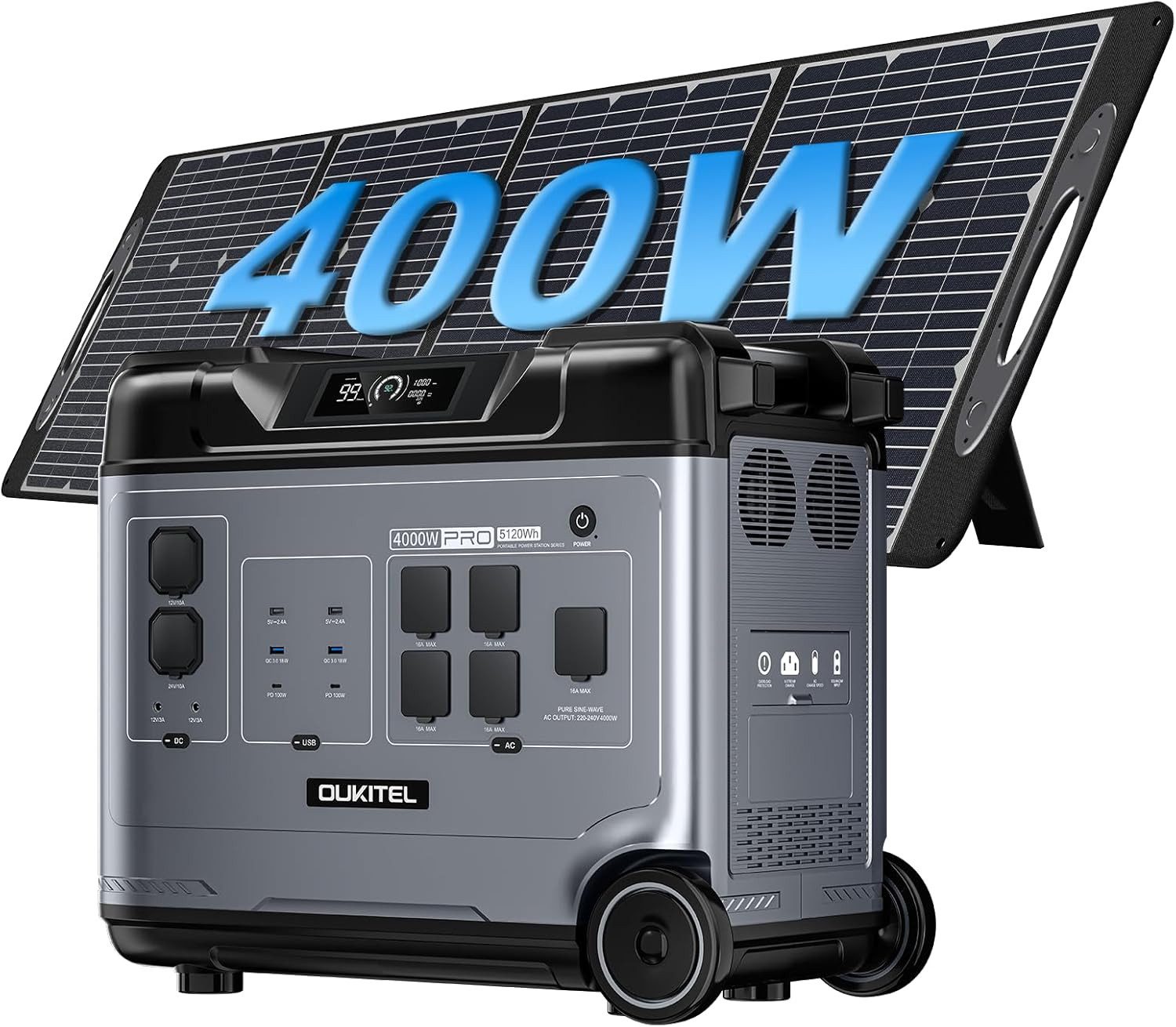 OUKITEL Stromerzeuger P5000E Pro 4000W/5120Wh Tragbare Powerstation, 4,0 in kW, (LiFePO4-Akku, 1-tlg., Mit 400W Solarpanel), 4000W Solargenerator mit 5 AC Ausgängen, für Camping,Wohnmobil,Notfall