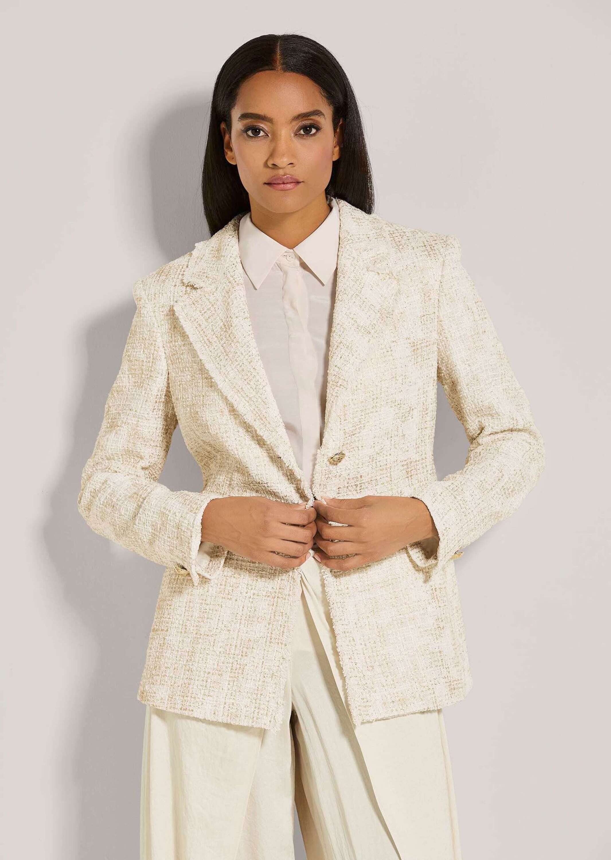 Kurzblazer Bouclé-Blazer mit Fransen-Akzenten