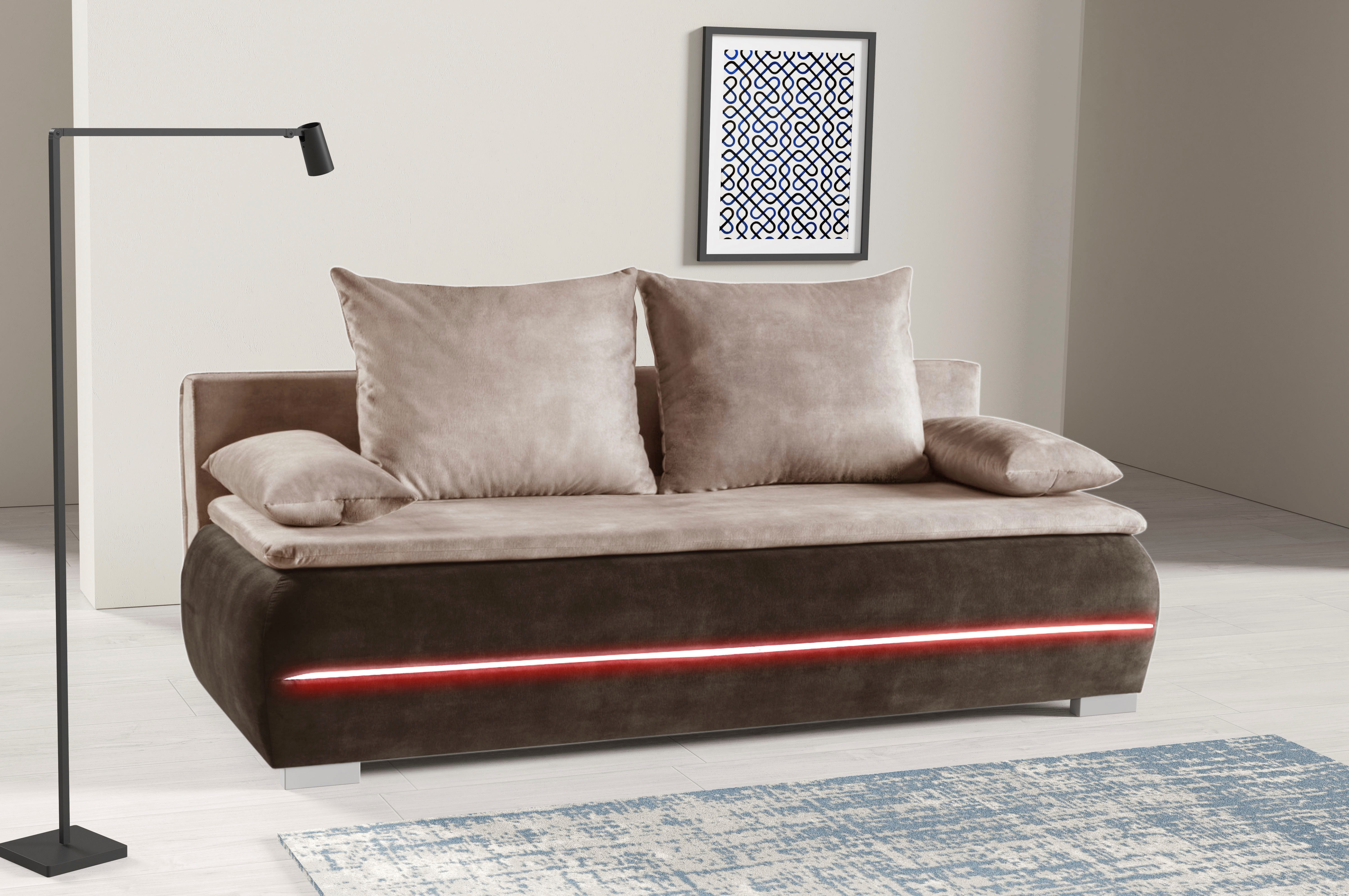 WERK2 Schlafsofa Tekla 206 cm LED modern und bequem, Veloursstoff, Schlaffunktion, Bettkasten, LED-Beleuchtung