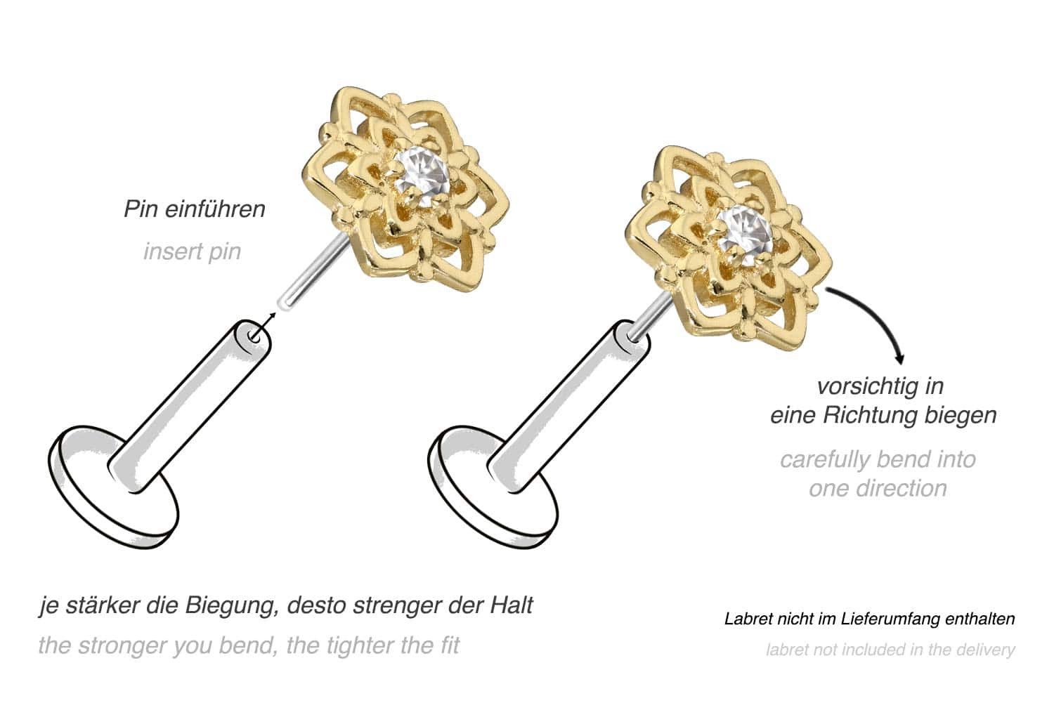 PIERCINGLINE Piercing-Set 14 Karat Gold Aufsatz mit Titan Push Pin MOISSANIT + BLUME (Push Pins, 1-tlg)
