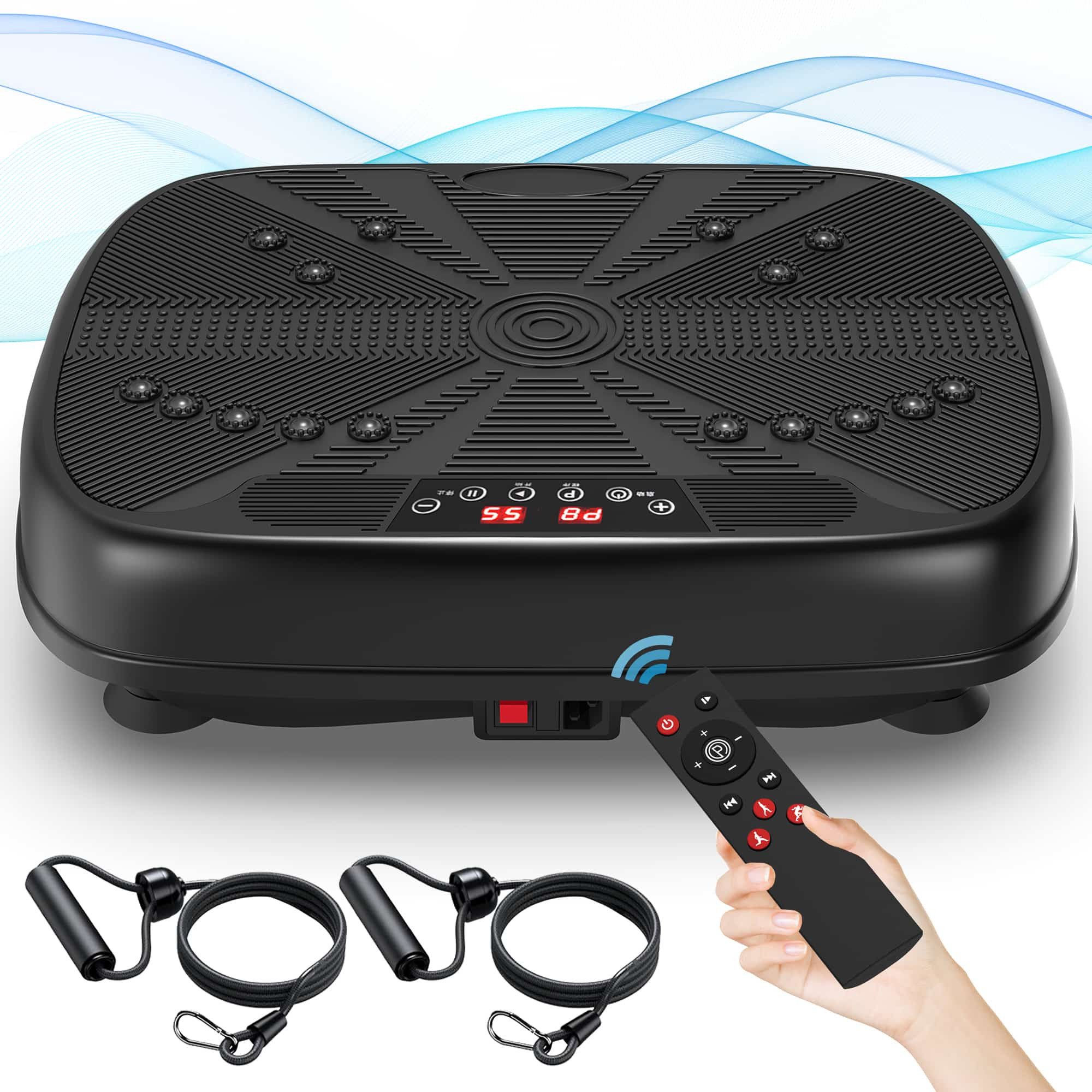 ANYSUN Vibrationsplatte Ultra-Kompakt – Mini Fitnessplattform mit Magnet-Massage & Bluetooth, 200 W, 99 Intensitätsstufen, (1x Vibrationsplatte, 2x Widerstandsbänder), 99 Stufen Vibrationsplatte, Widerstandsbänder, Fettverbrennung & Leise