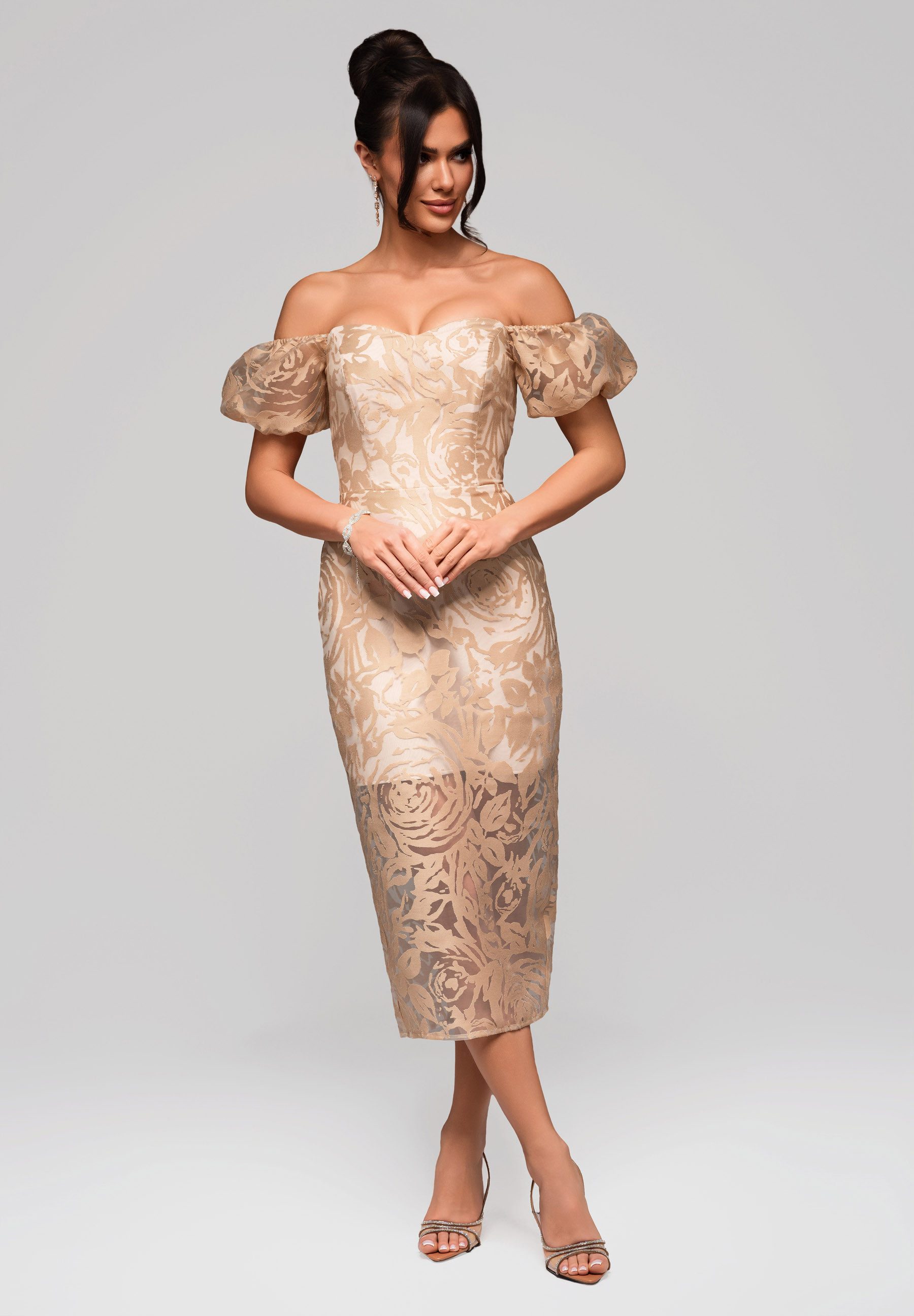 Abendkleid Schulterfreies Midikleid mit floraler Spitze