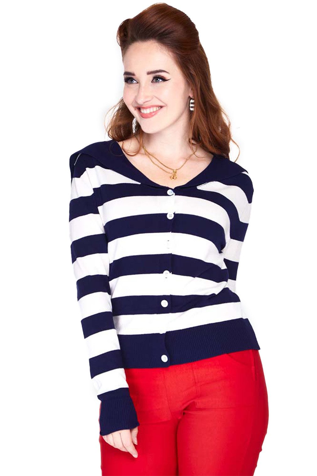 Voodoo Vixen Strickjacke Sailor Collar Stripe Retro Vintage Cardigan Gestreift Matrosenkragen