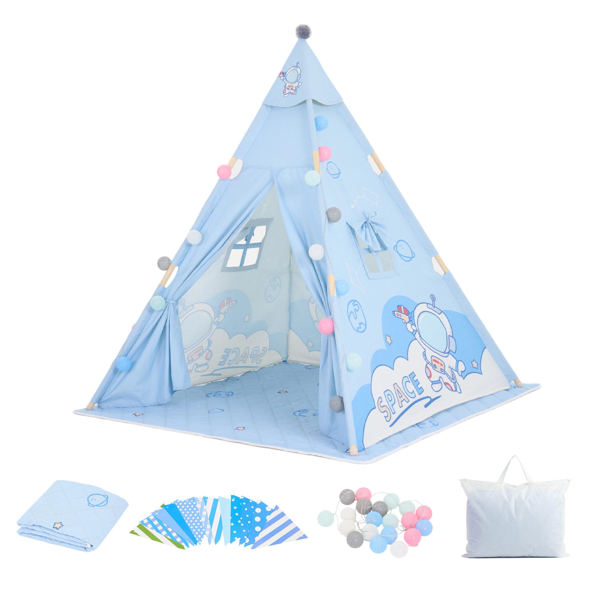 SEHAUSEU Spielzelt Tipi-Zelt Kinderzelt Spielhaus mit Bodenmatte,Lichterkette,Wimpelkette