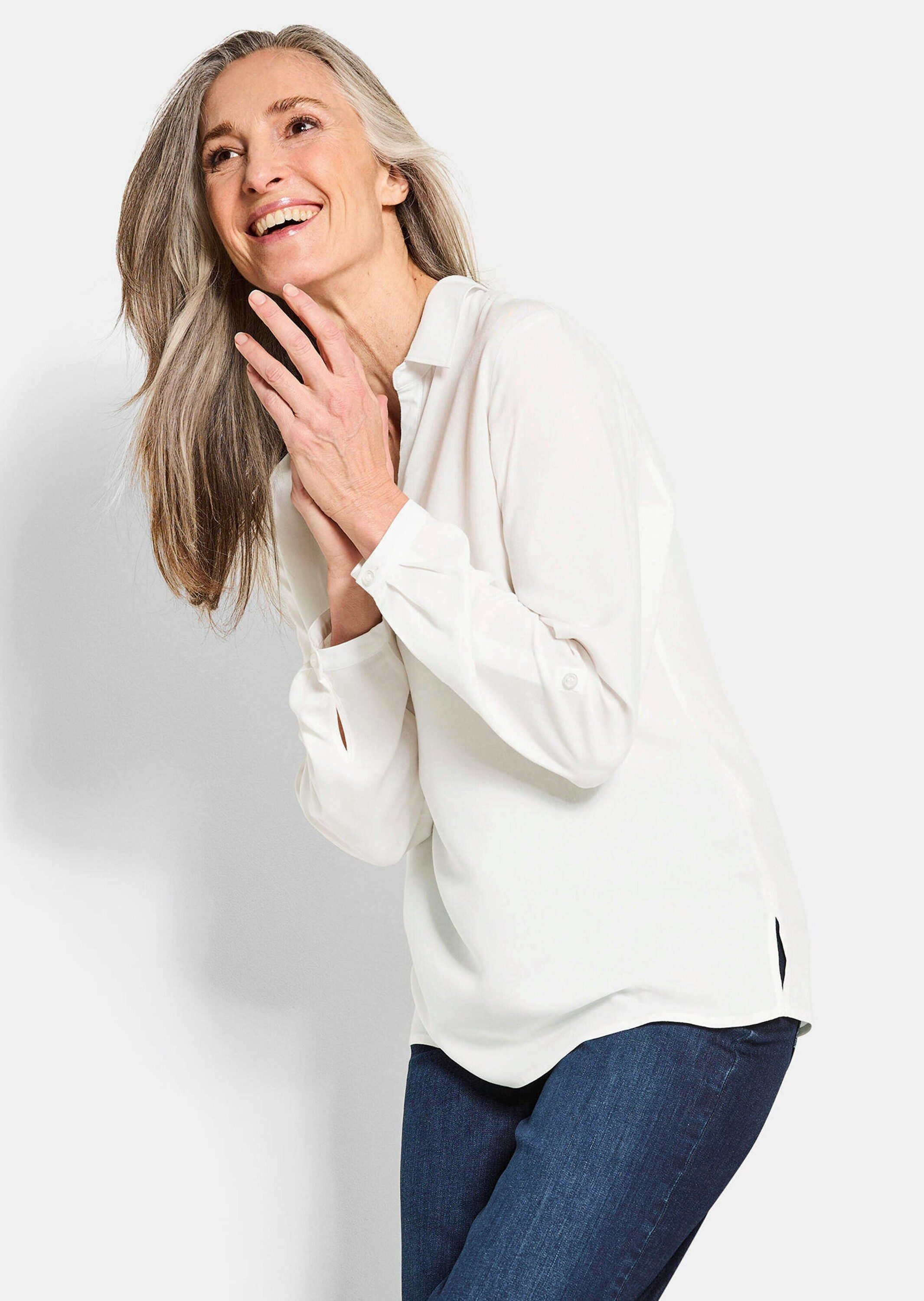 GOLDNER Klassische Bluse Zeitlose Viskosebluse mit Hemdkragen Fließende Hemdbluse mit Schlitzblende und Langarm