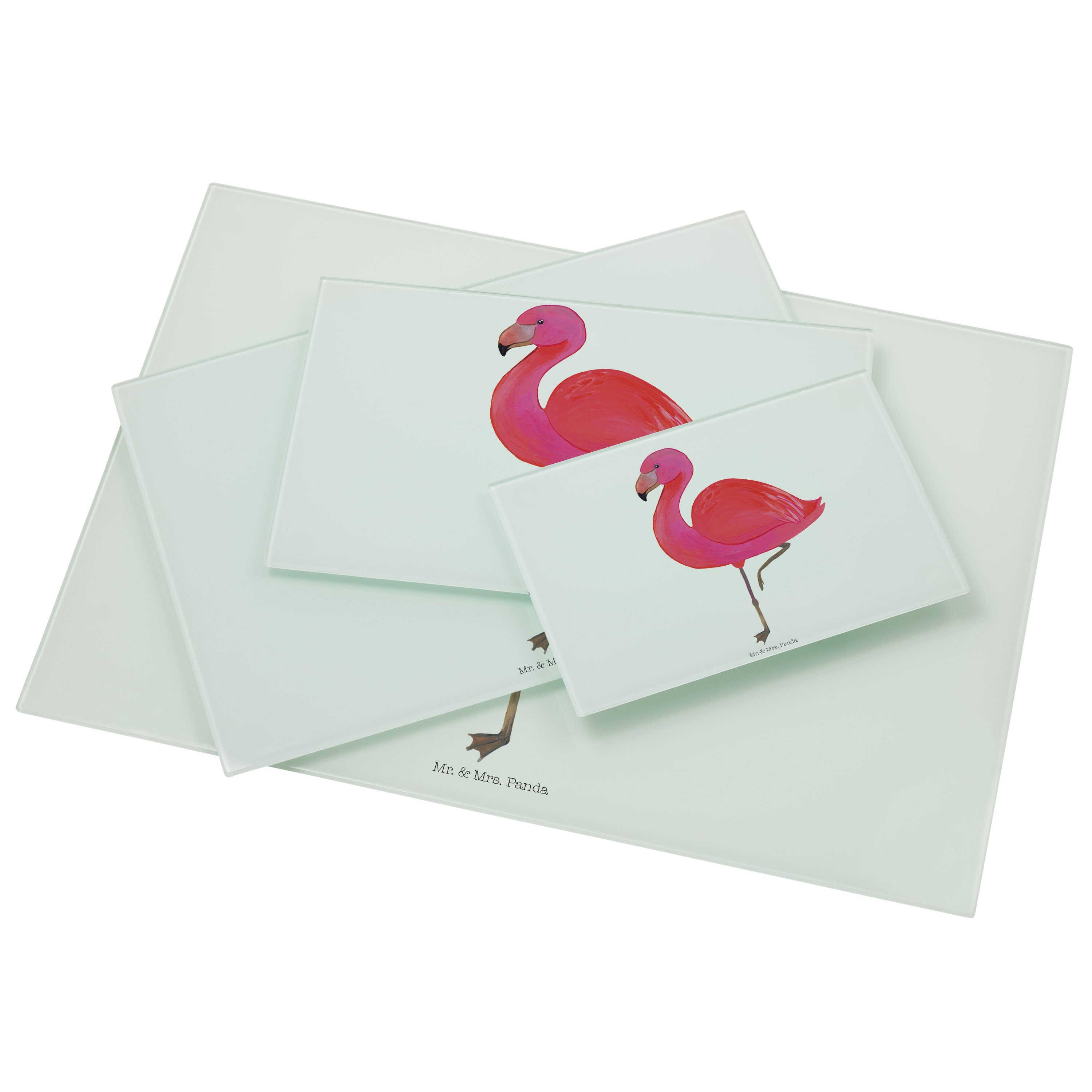 Mr. & Mrs. Panda Servierbrett Flamingo classic - Weiß - Geschenk, glücklich, Glasschneidebrett, sto, Premium Glas, (1-St)