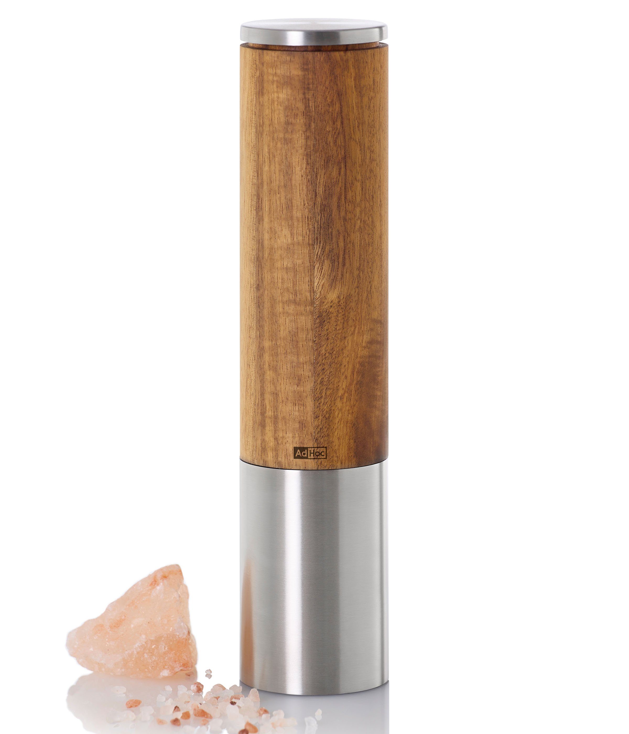 Edelstahl, Edelstahl Stück), Holz Hochwertiges Salz-/Pfeffermühle & elektrisch, AdHoc Gehäuse Holz, aus eMill.5 LED-Licht Keramik-Mahlwerk, (1