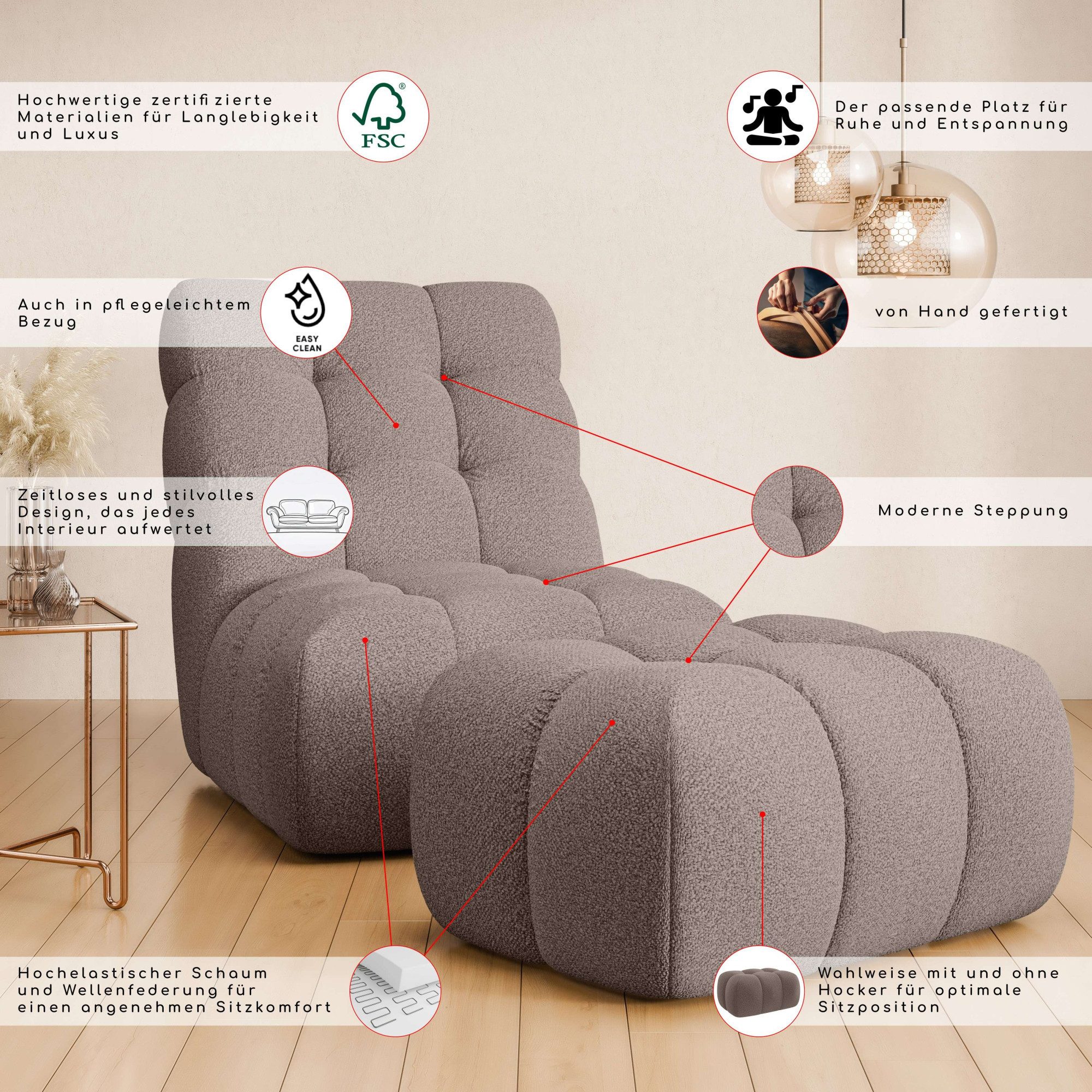 Home affaire XXL-Sessel AURELIAN Loveseat XXL mit Hocker im Set, Lese-Sessel, Relaxsessel, mit Wellenunterfederung, Struktur fein, Struktur grob, Velours