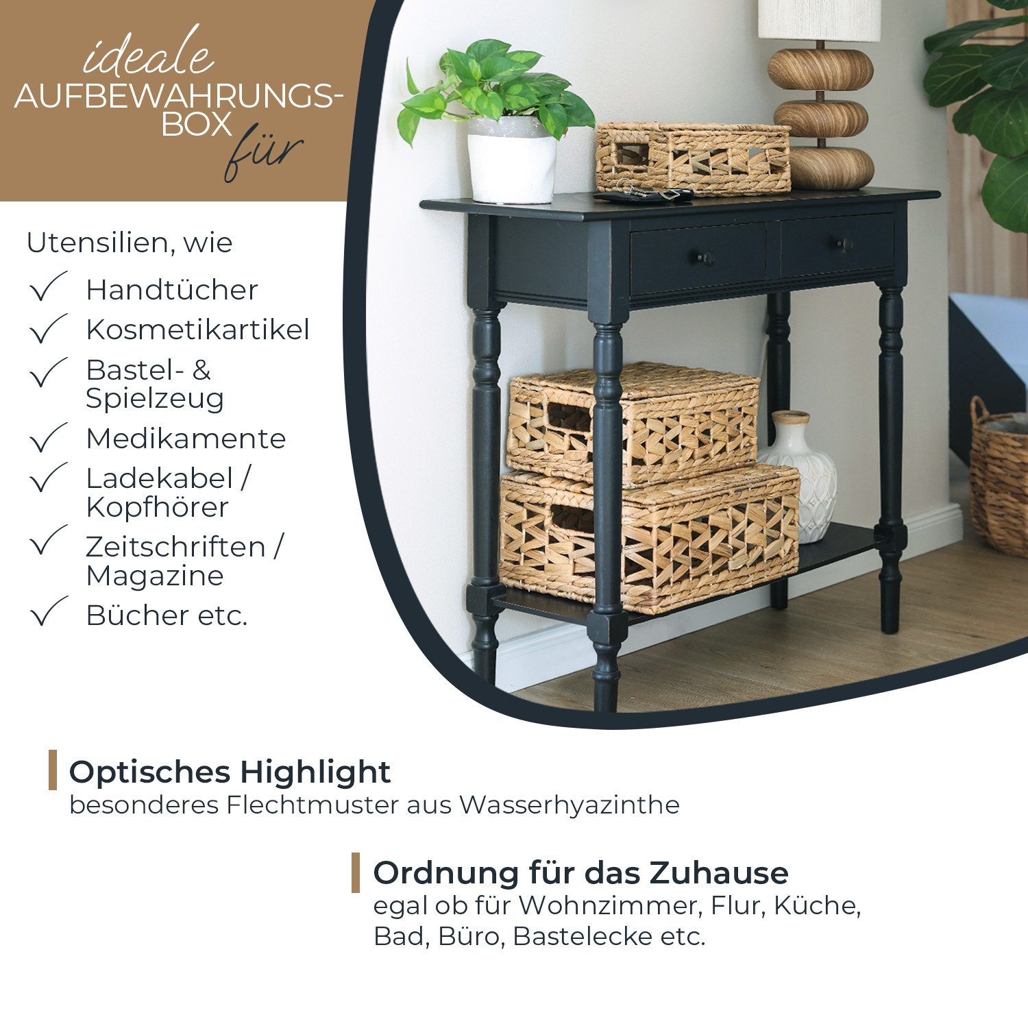 HMF Aufbewahrungskorb Aufbewahrungskorb mit Deckel, 3er-Set (3 St), Korb geflochten aus Wasserhyazinthe, Klein, Mittel, Groß