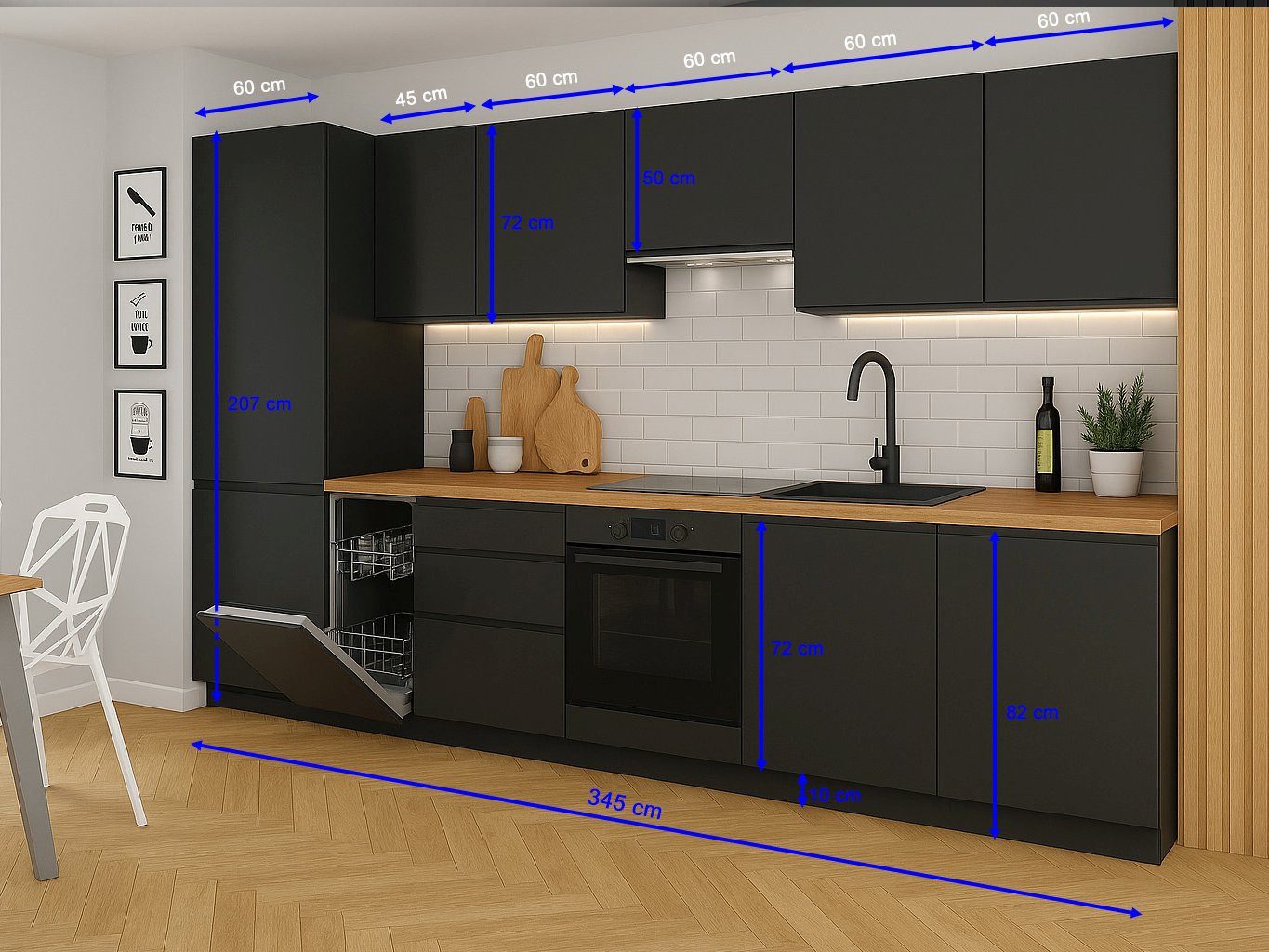 Möbel für Dich Küchenzeile Grifflose Einbauküche VELO 345 cm, 11-teilg, grifflose Fronten aus 19 mm Acrylplatte, Korpusstärke 18 mm