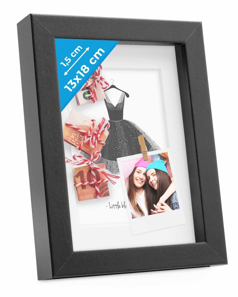 PHOTOLINI Bilderrahmen 3D-Objektrahmen zum Befüllen mit Passepartout und Glasscheibe, für 1 Bilder (1 Einzelrahmen), Rahmen 13x18 cm für Objekte bis 1,5 cm Tiefe zum Basteln & Verschenken