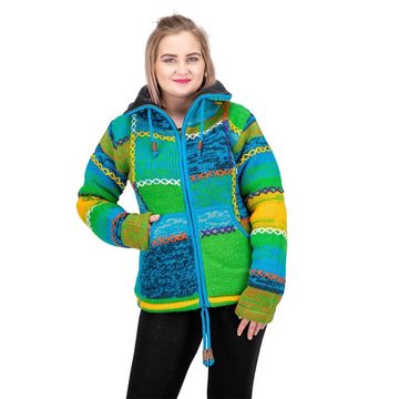 KUNST UND MAGIE Strickjacke Damen Strickjacke Wolle Bunte Patchwork Jacke+Fleecefutter&Hochkragen