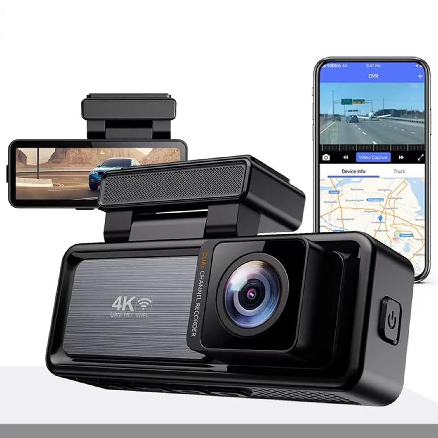 OKWISH Auto Vorne Hinten WiFi Dash Cam Dash Cam Parküberwachung Dashcam (4K + 1080P, WLAN (Wi-Fi), Dual Auto Kamera G-Sensor Loop-Aufnahme APP Steuerung, 3,2 Zoll LCD Anzeige 170°Weitwinkel WDR)