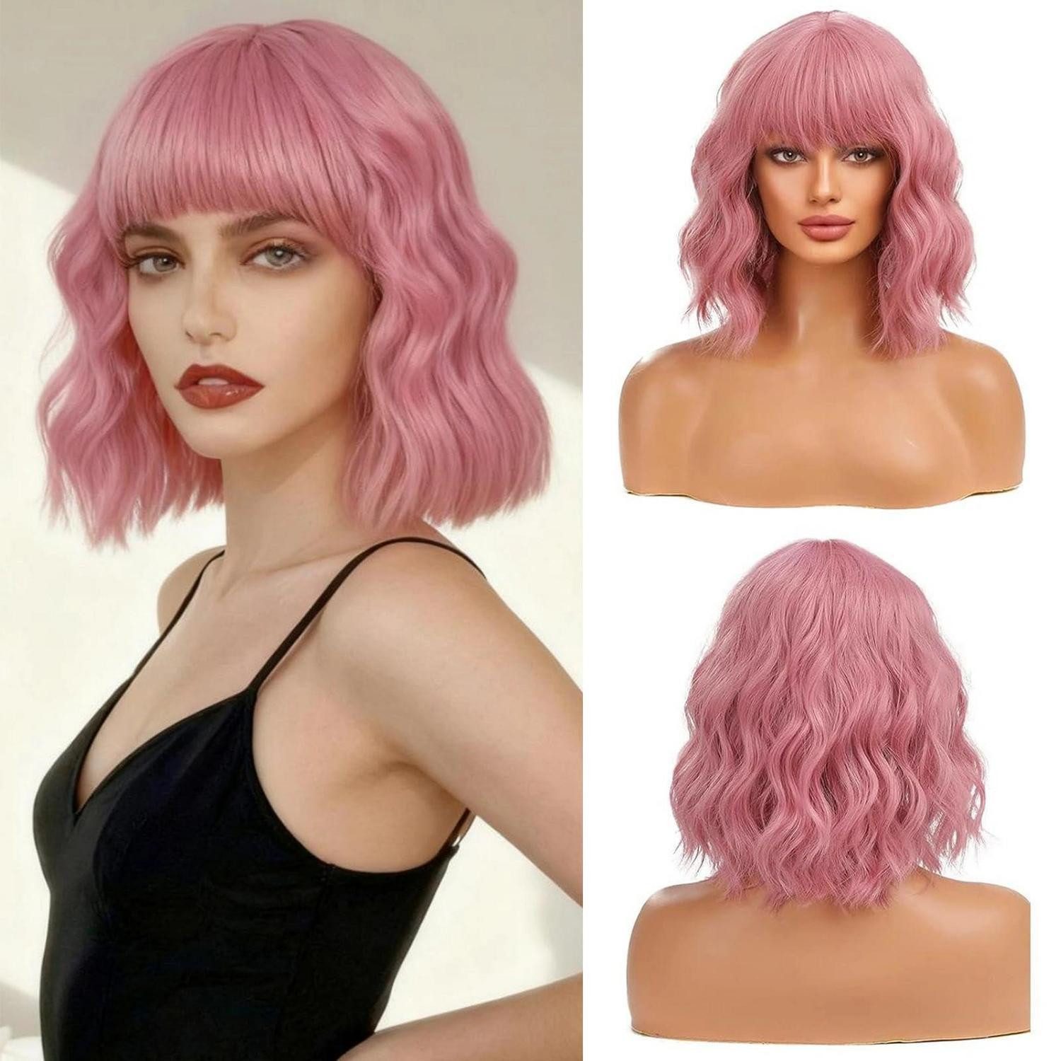 LuxusKollektion Kunsthaarperücke Perücke rosa Bob kurz gewellt Pony synthetisch Cosplay