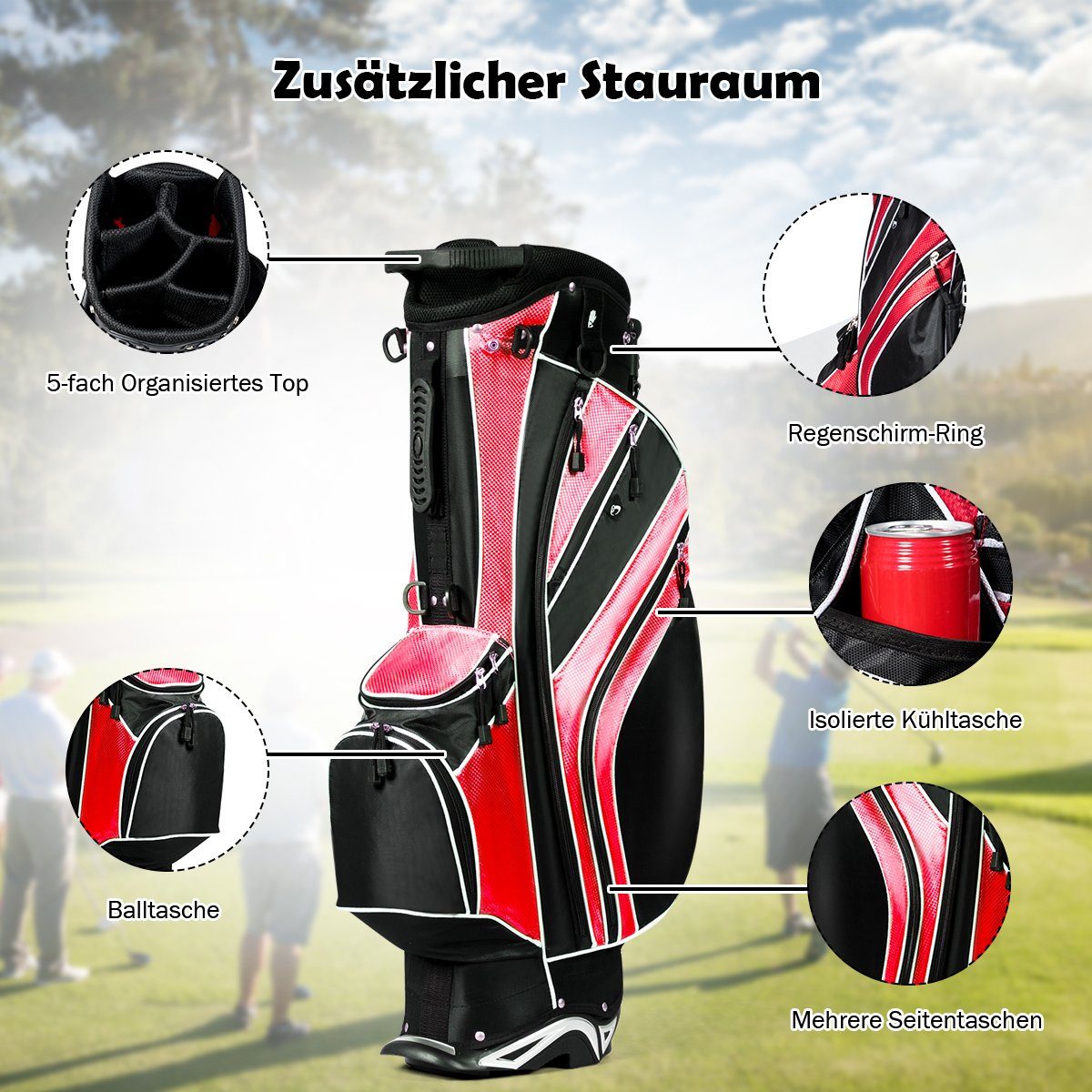 rot+schwarz Ständer, COSTWAY mit Golftrolley Golfbag, Regenschirmhalter +