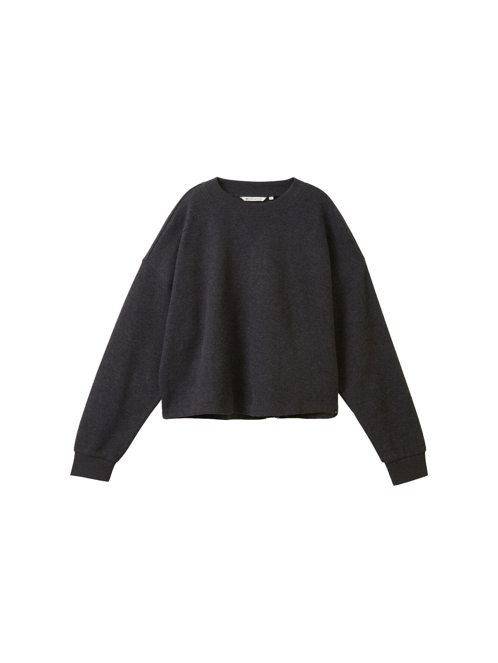 Sweatshirt Cropped Shale TAILOR mit Denim Sweatshirt Rundhalsausschnitt Grey TOM Melange